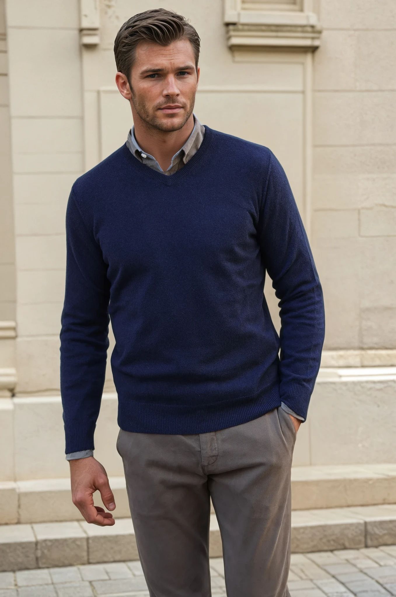 Pull Elijah col V 100% cachemire - Marine-PULL HOMME-Curling-Paris