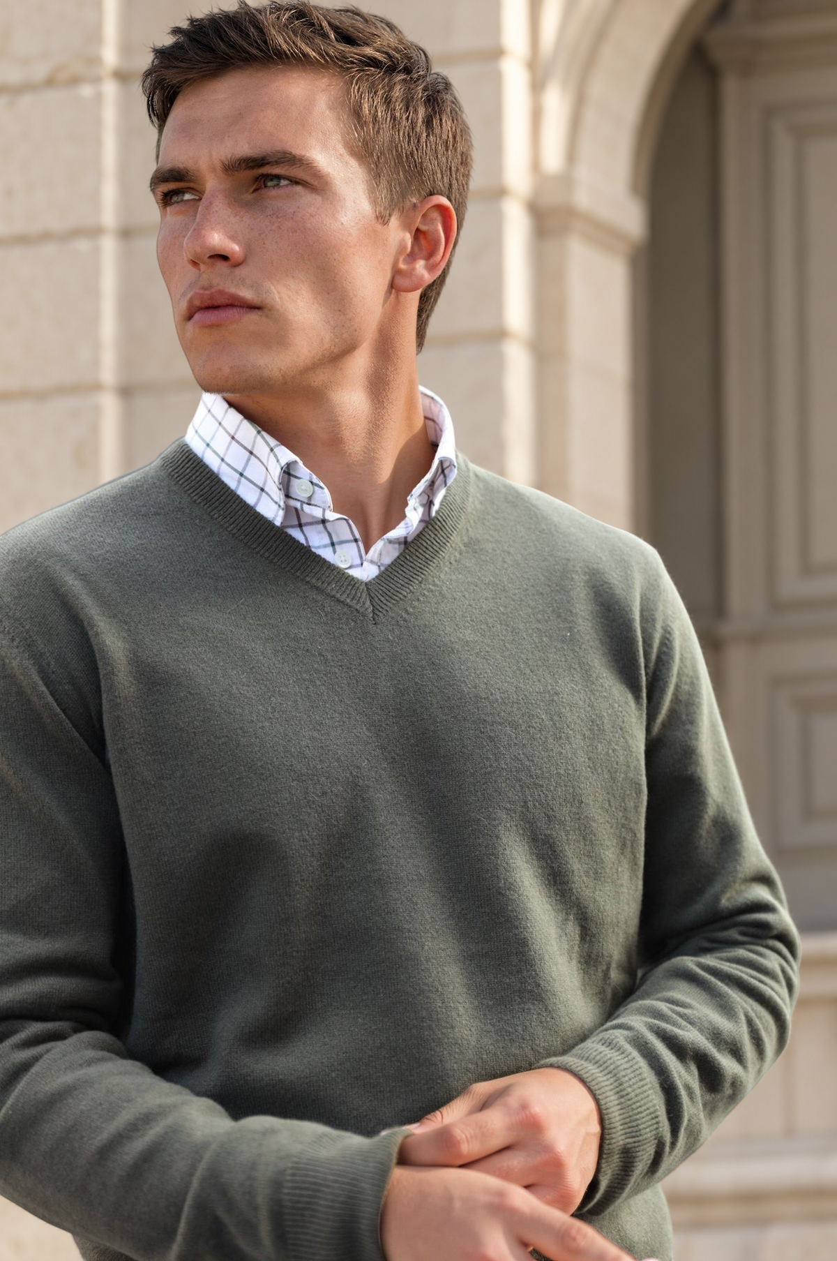 Pull Elijah col v 100 % cachemire - Kaki-PULL HOMME-Curling-Paris
