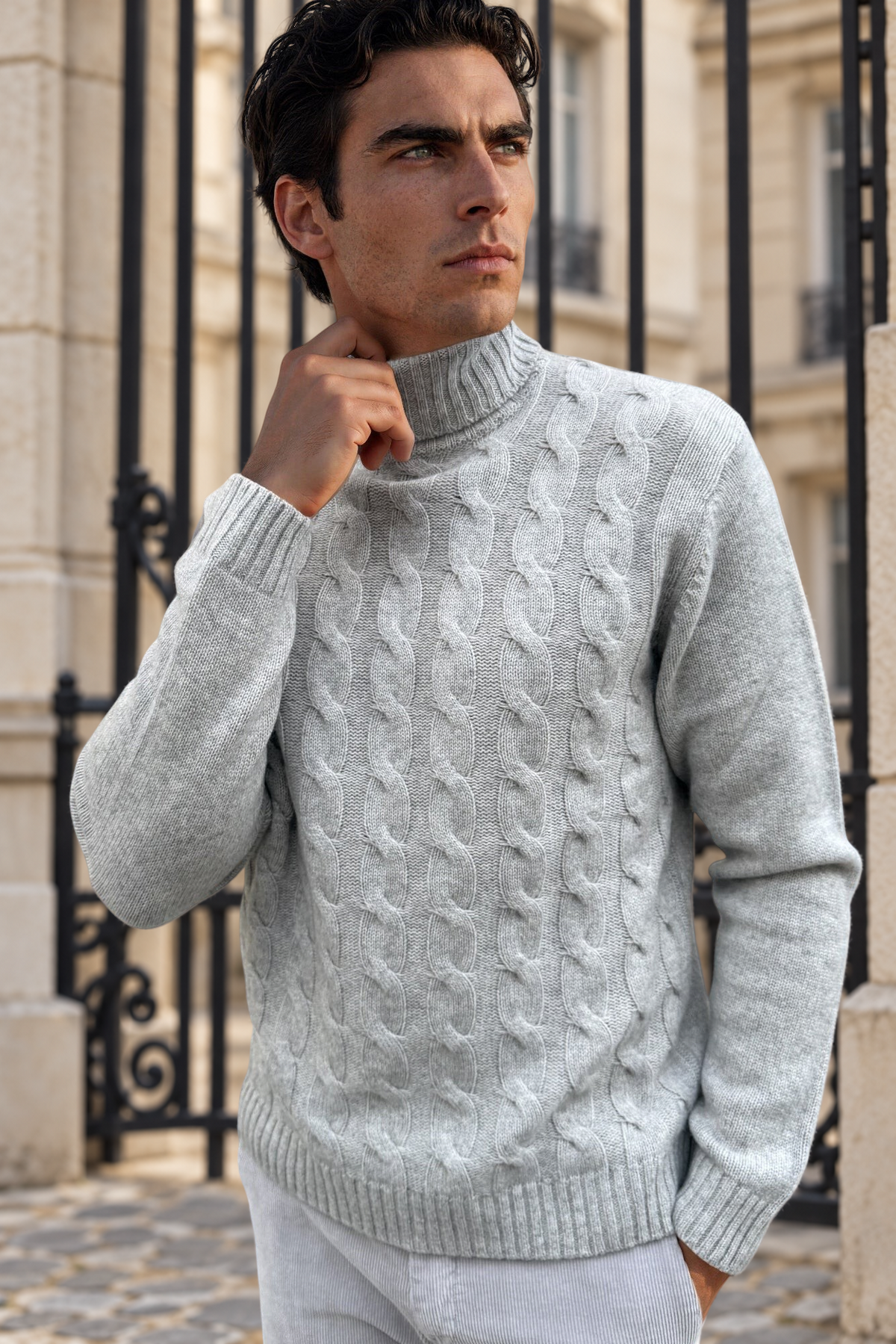 Pull Ezio col roulé torsadé en laine & cachemire – Gris clair-PULL HOMME-Curling-Paris