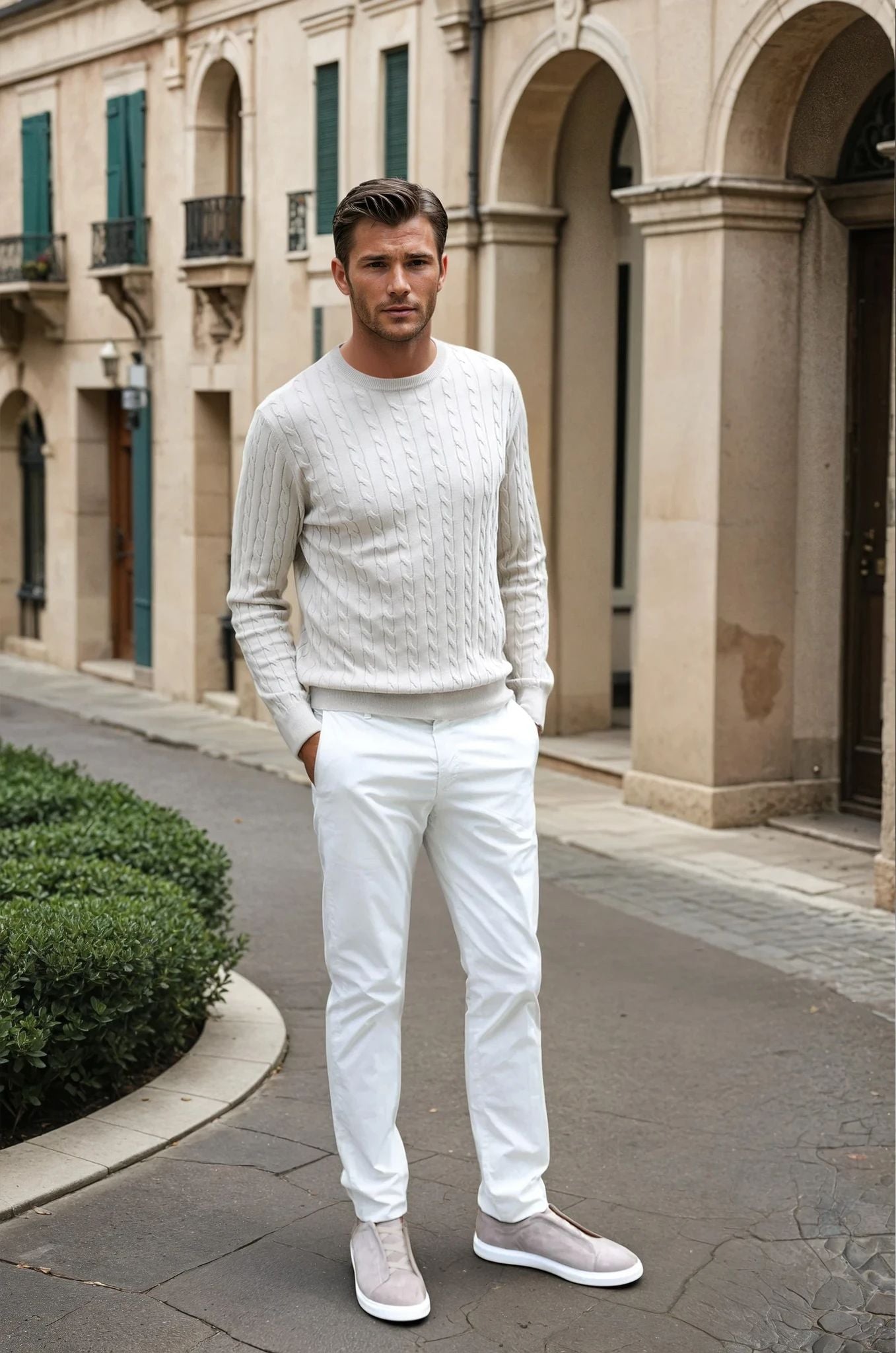 Pull Gege col rond à torsades en coton - Beige-PULL HOMME-Curling-Paris