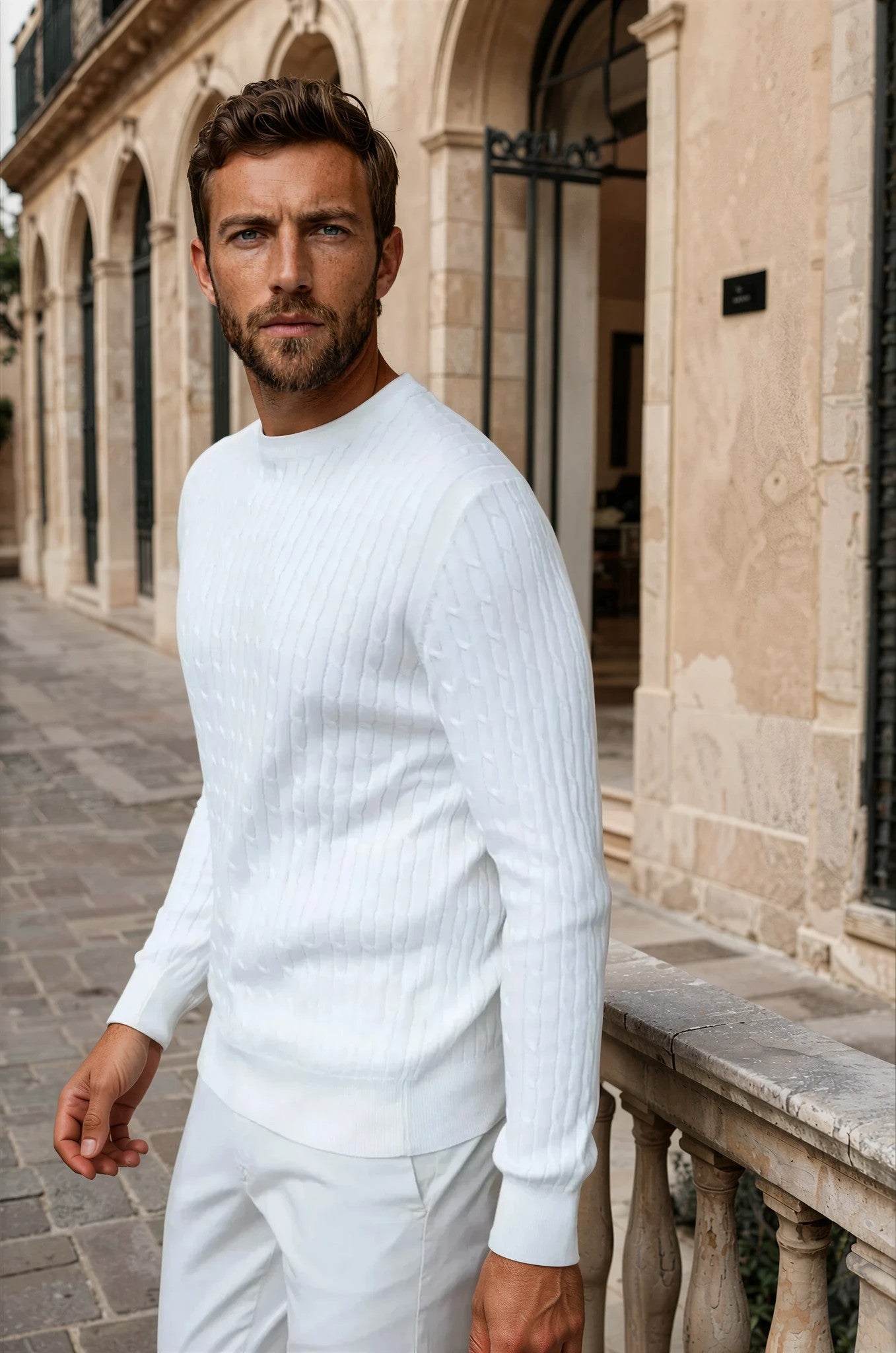 Pull Gege col rond à torsades en coton - Ecru-PULL HOMME-Curling-Paris