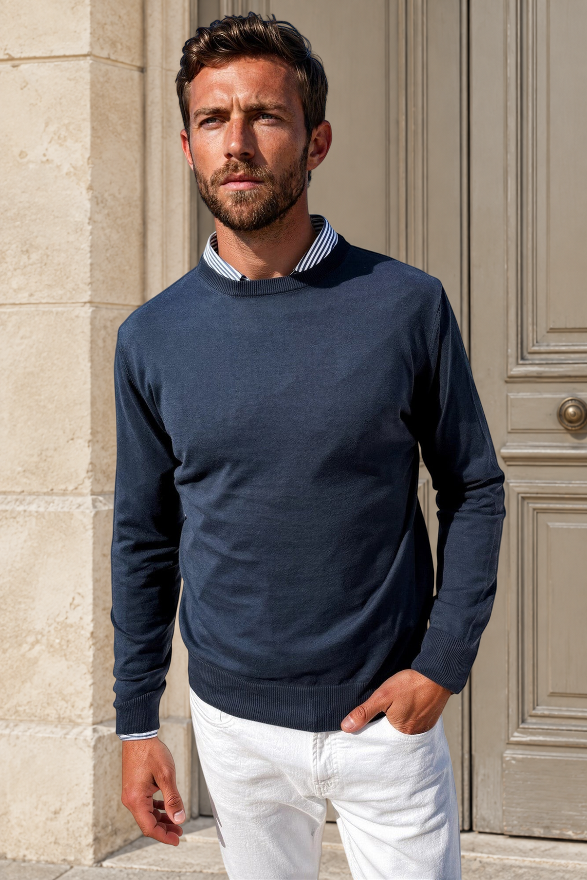 Pull Gege col rond en coton - Marine-PULL HOMME-Curling-Paris
