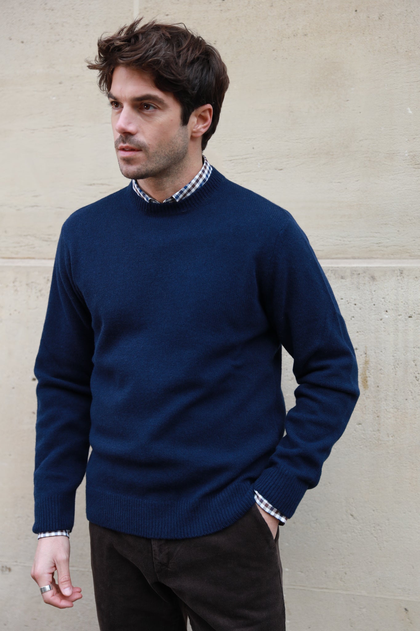 Pull Hughes col rond en laine & cachemire - Marine-PULL HOMME-Curling-Paris