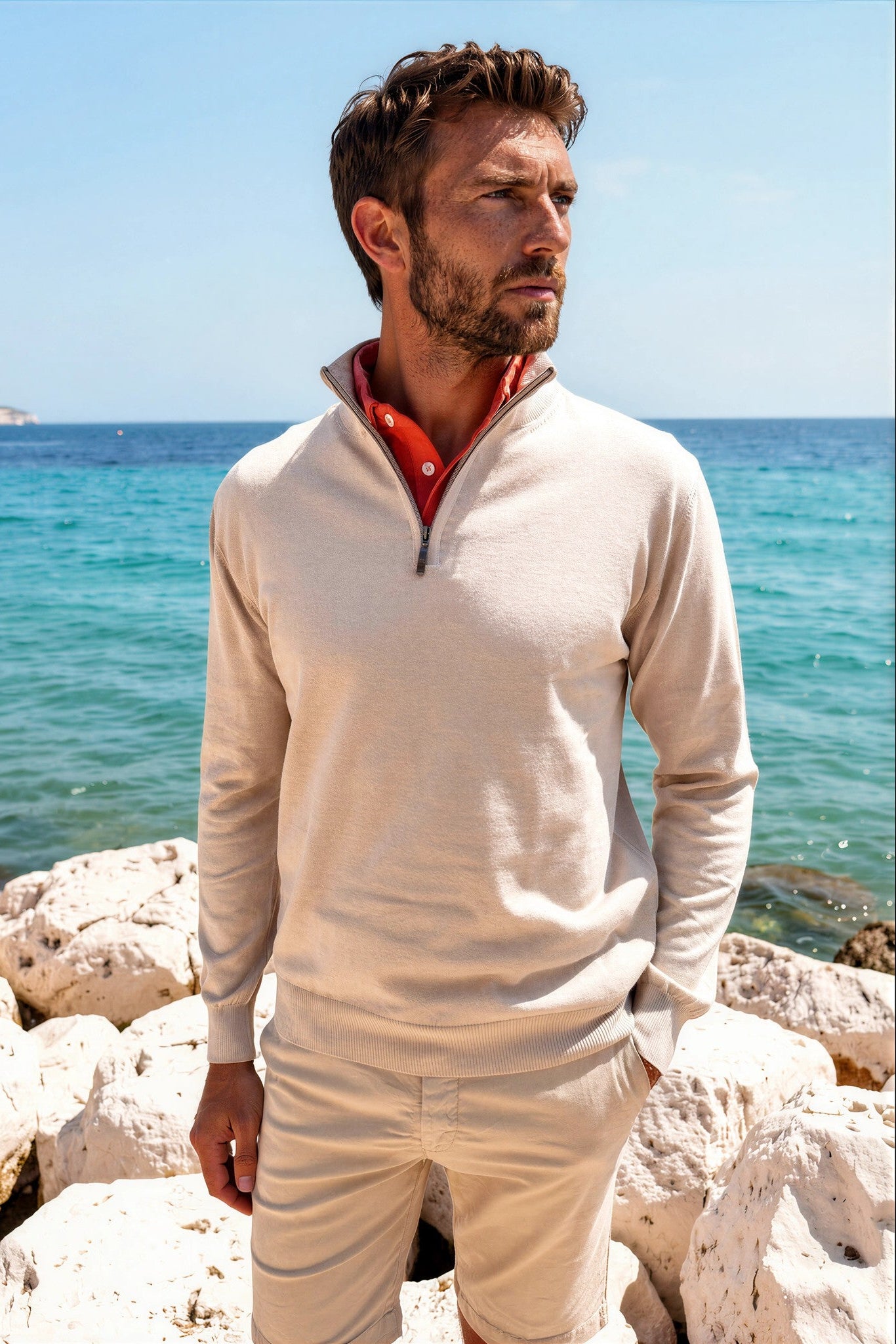 Pull John col zippé en coton - Beige-PULL HOMME-Curling-Paris