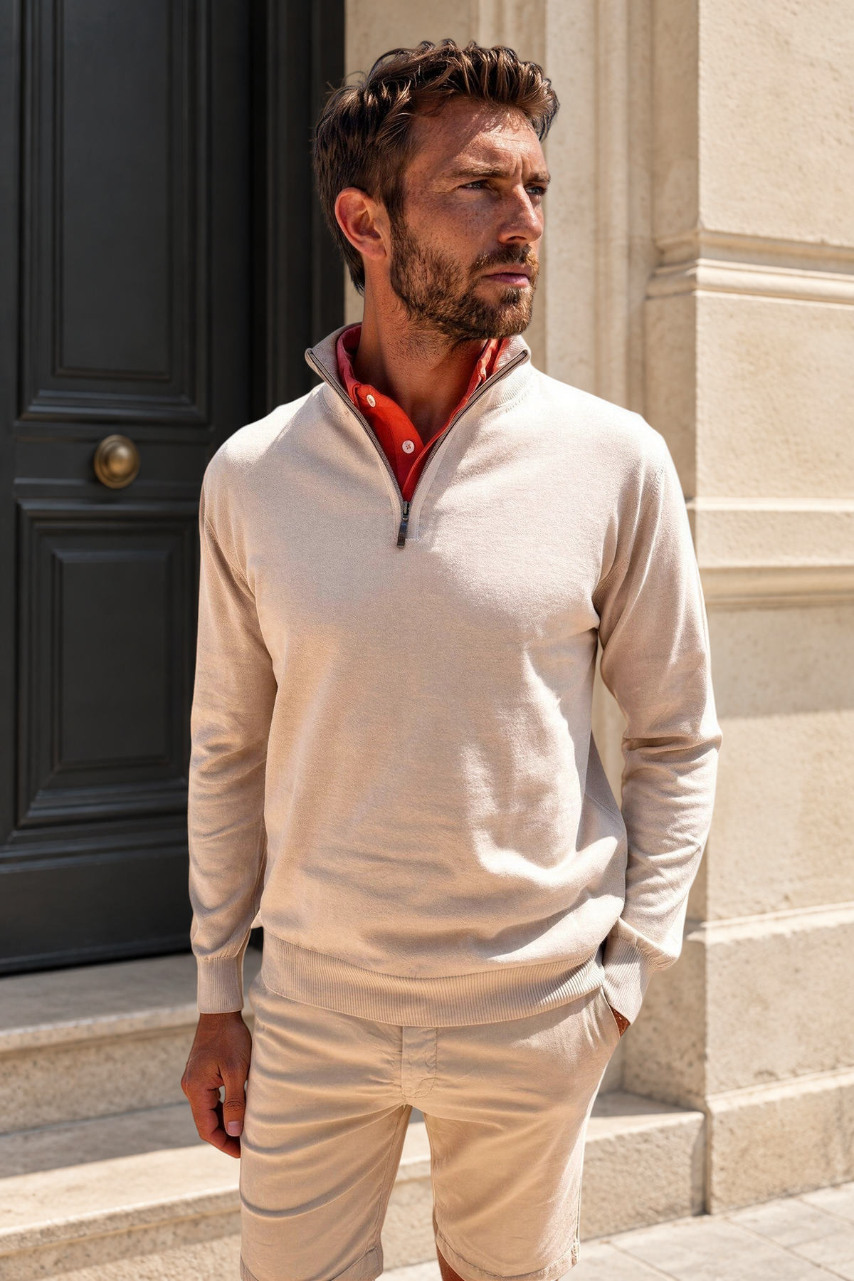 Pull John col zippé en coton - Beige-PULL HOMME-Curling-Paris