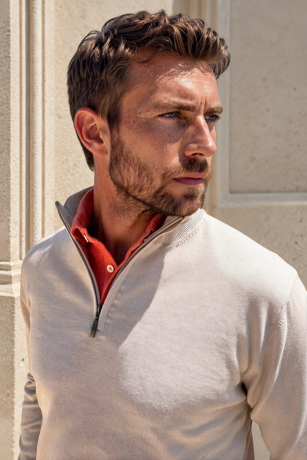 Pull John col zippé en coton - Beige-PULL HOMME-Curling-Paris