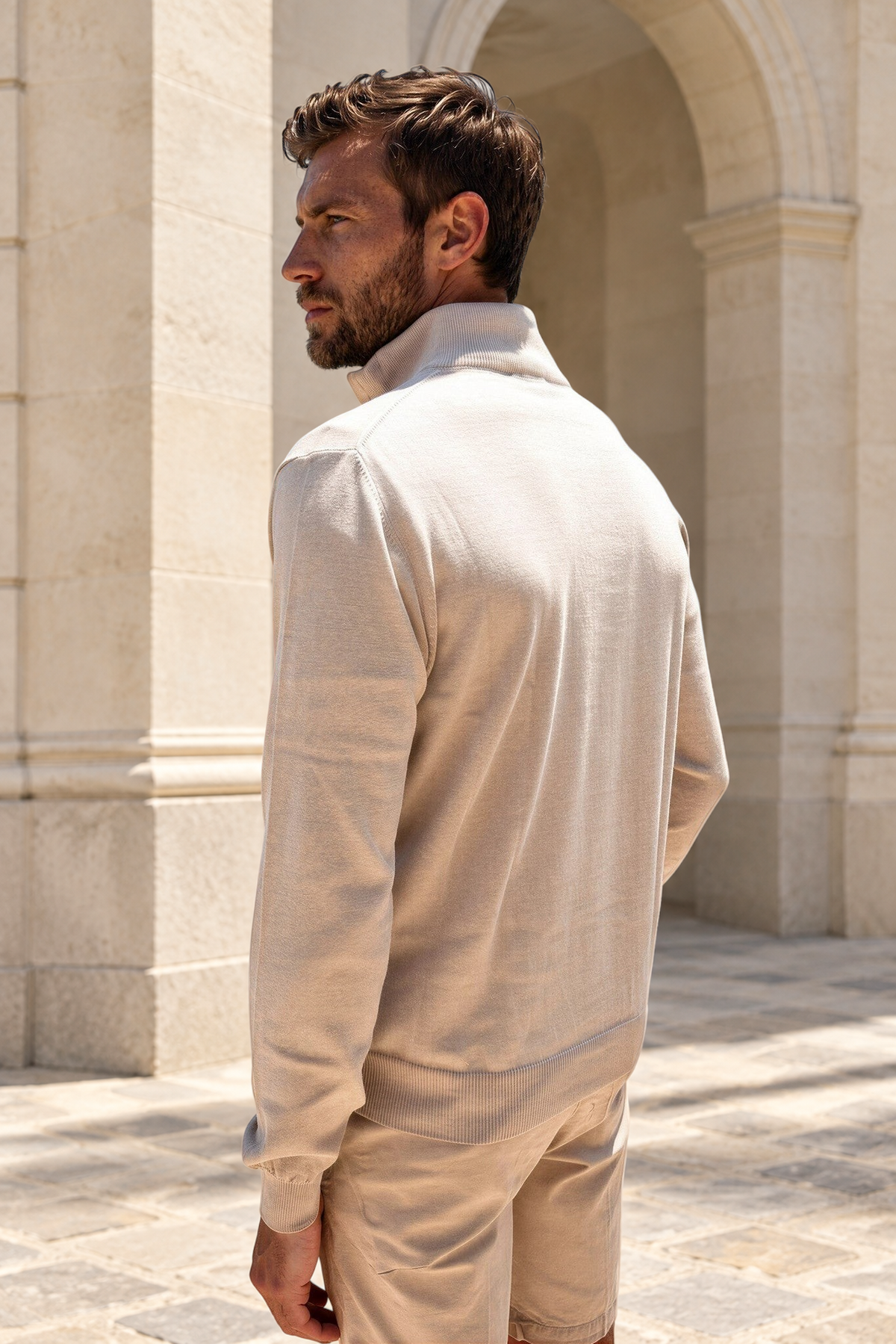 Pull John col zippé en coton - Beige-PULL HOMME-Curling-Paris