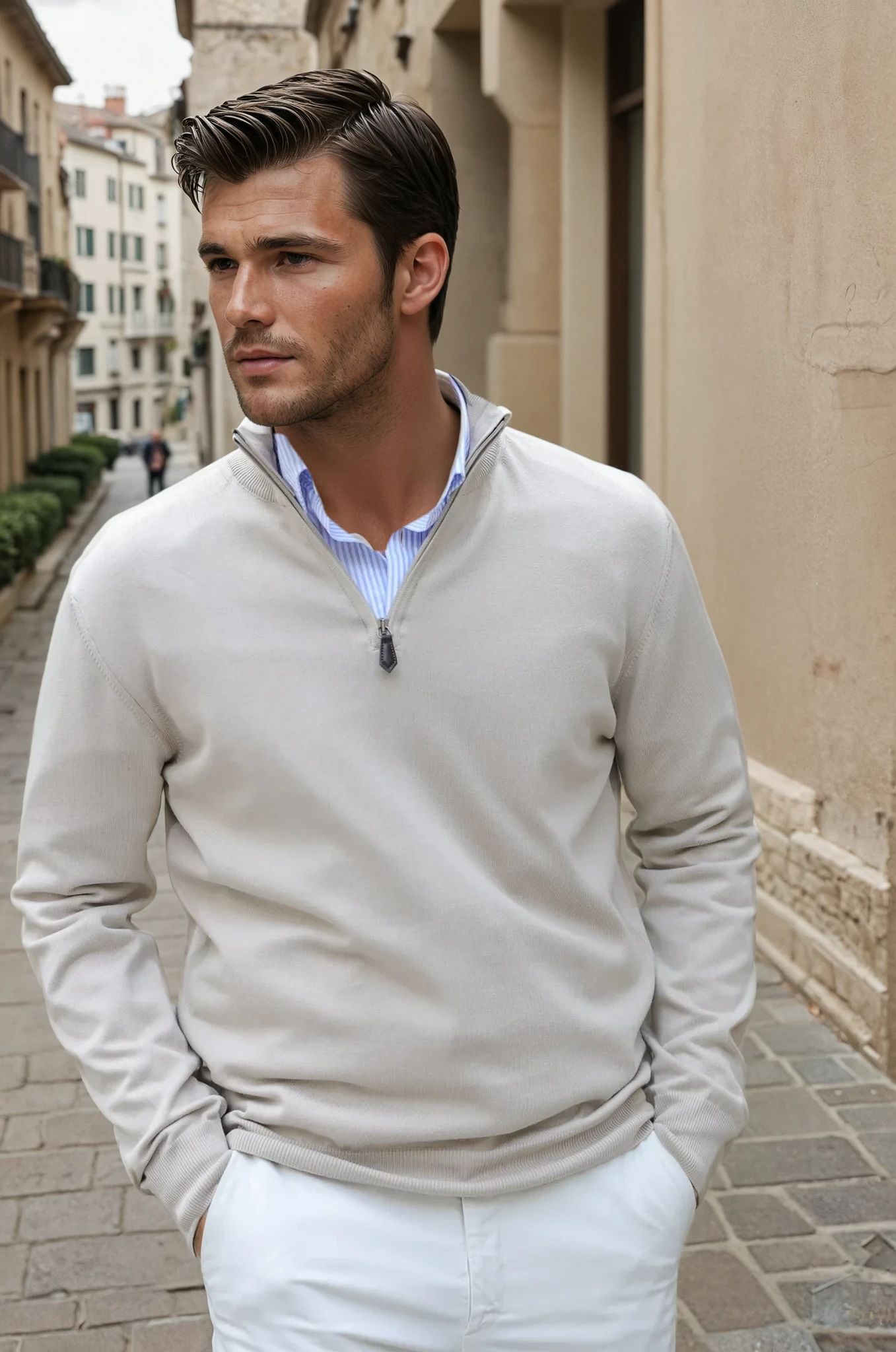 Pull John col zippé en coton - Beige-PULL HOMME-Curling-Paris