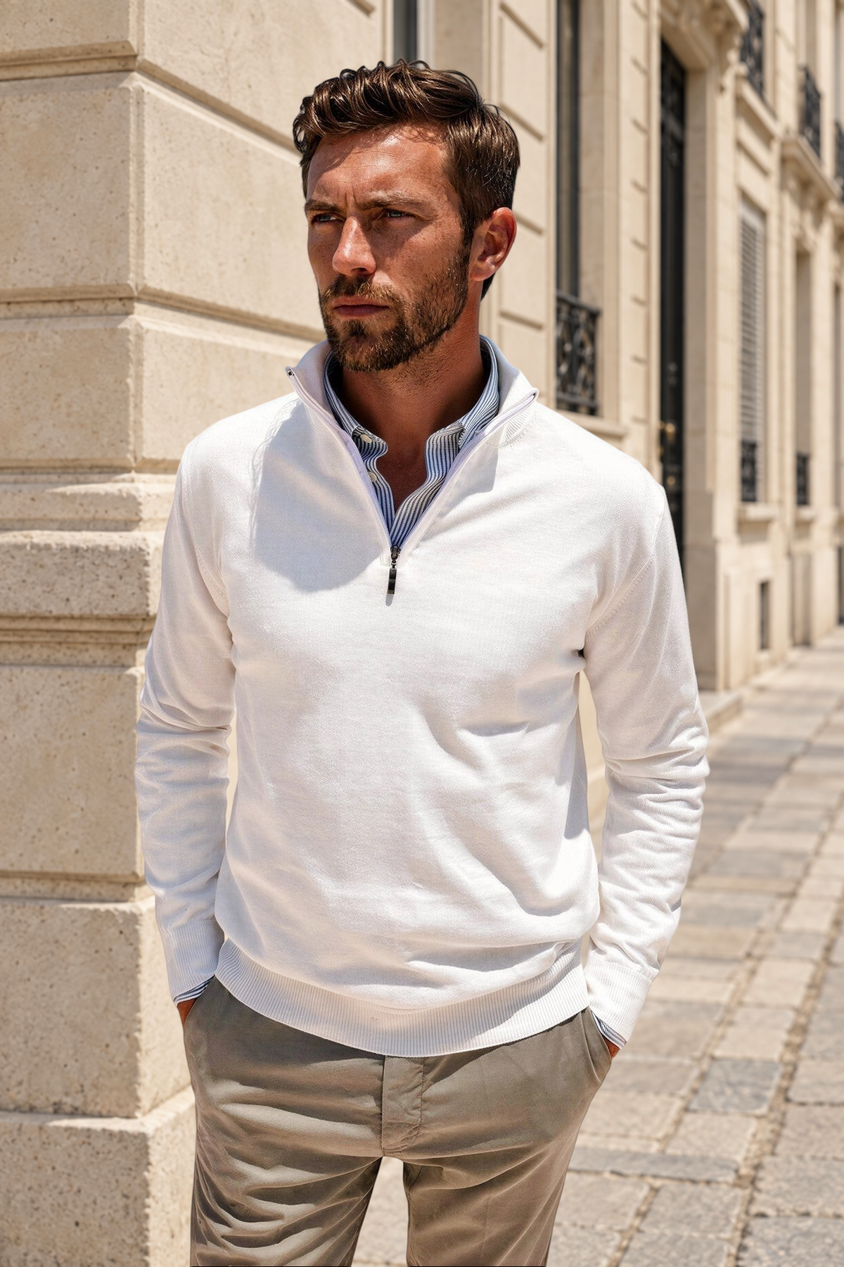 Pull John col zippé en coton - Ecru-PULL HOMME-Curling-Paris