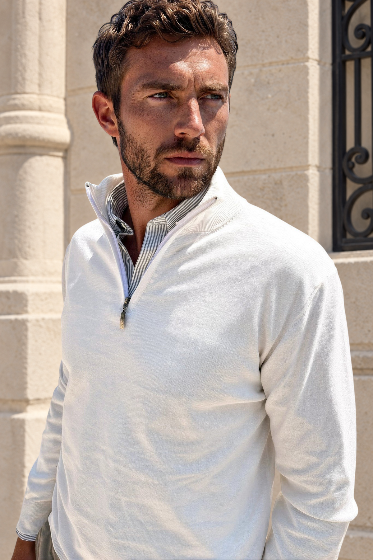 Pull John col zippé en coton - Ecru-PULL HOMME-Curling-Paris