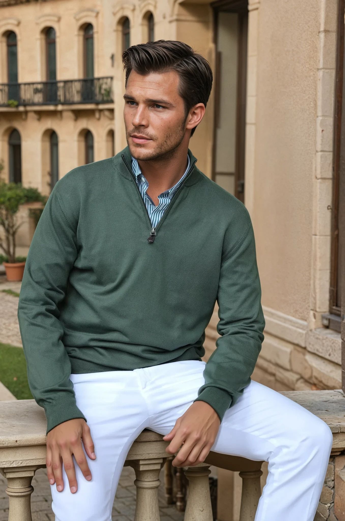 Pull John col zippé en coton - Kaki-PULL HOMME-Curling-Paris
