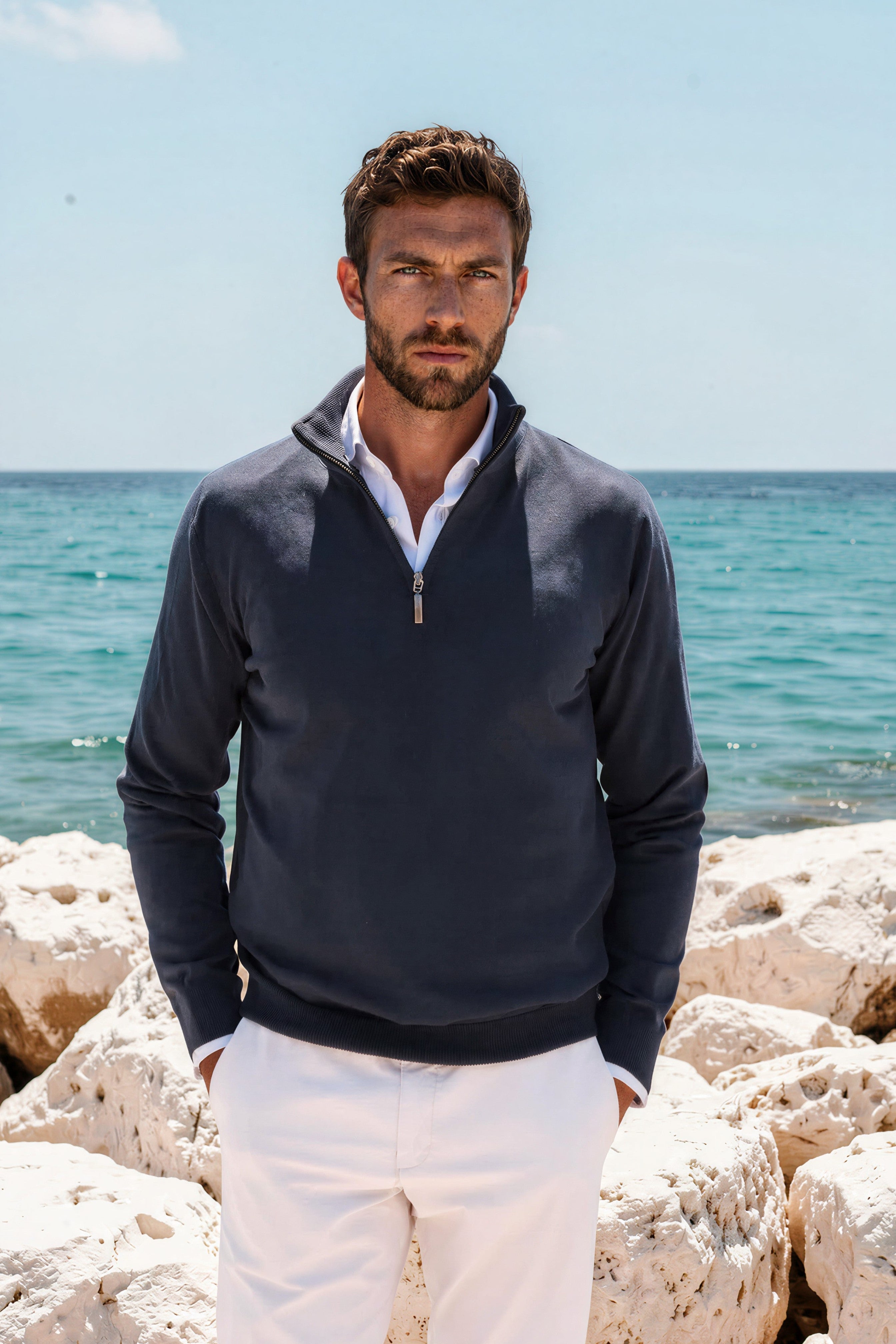 Pull John col zippé en coton - Marine-PULL HOMME-Curling-Paris