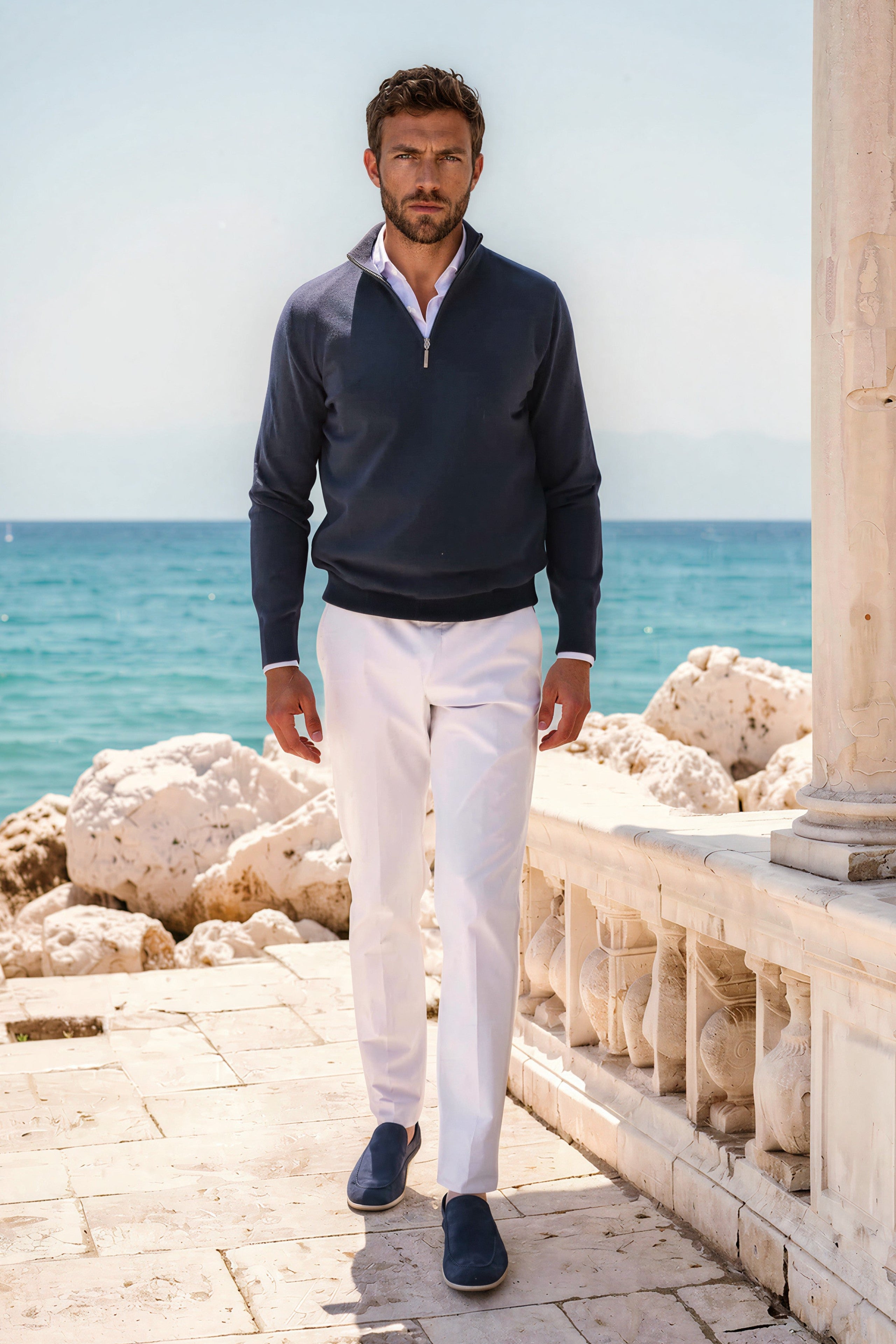Pull John col zippé en coton - Marine-PULL HOMME-Curling-Paris