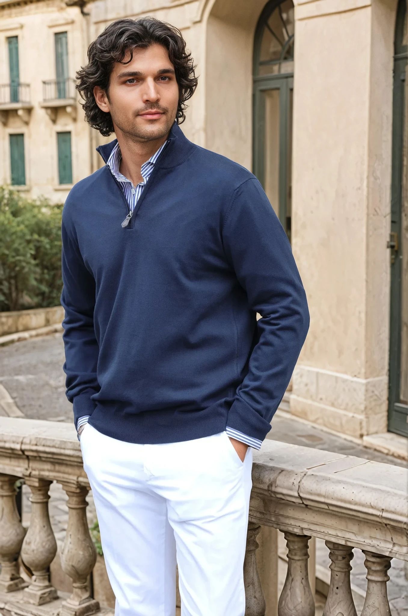 Pull John col zippé en coton - Marine-PULL HOMME-Curling-Paris