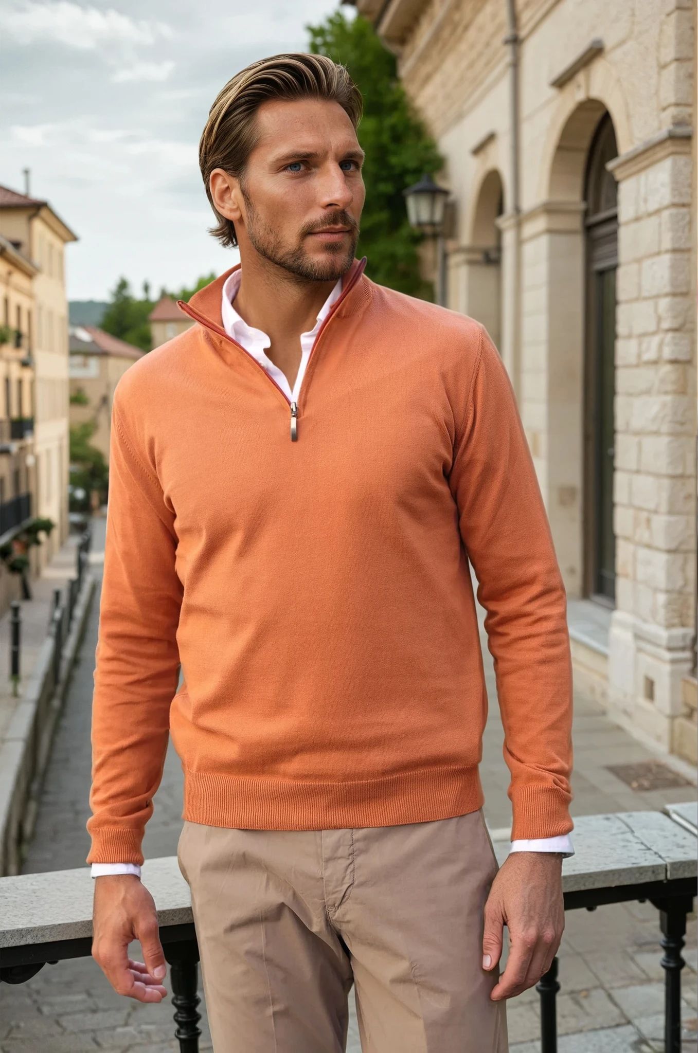 Pull John col zippé en coton - Orange-PULL HOMME-Curling-Paris