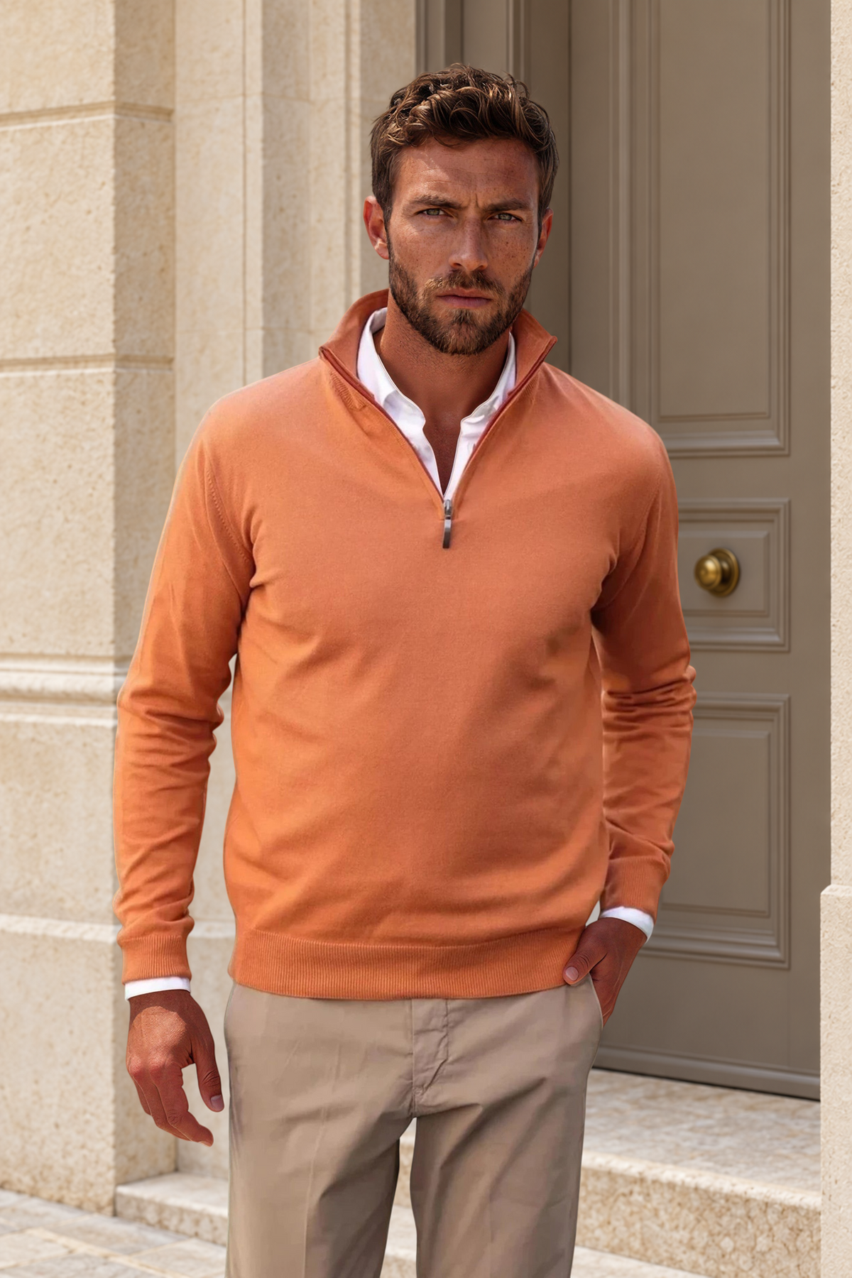 Pull John col zippé en coton - Orange-PULL HOMME-Curling-Paris