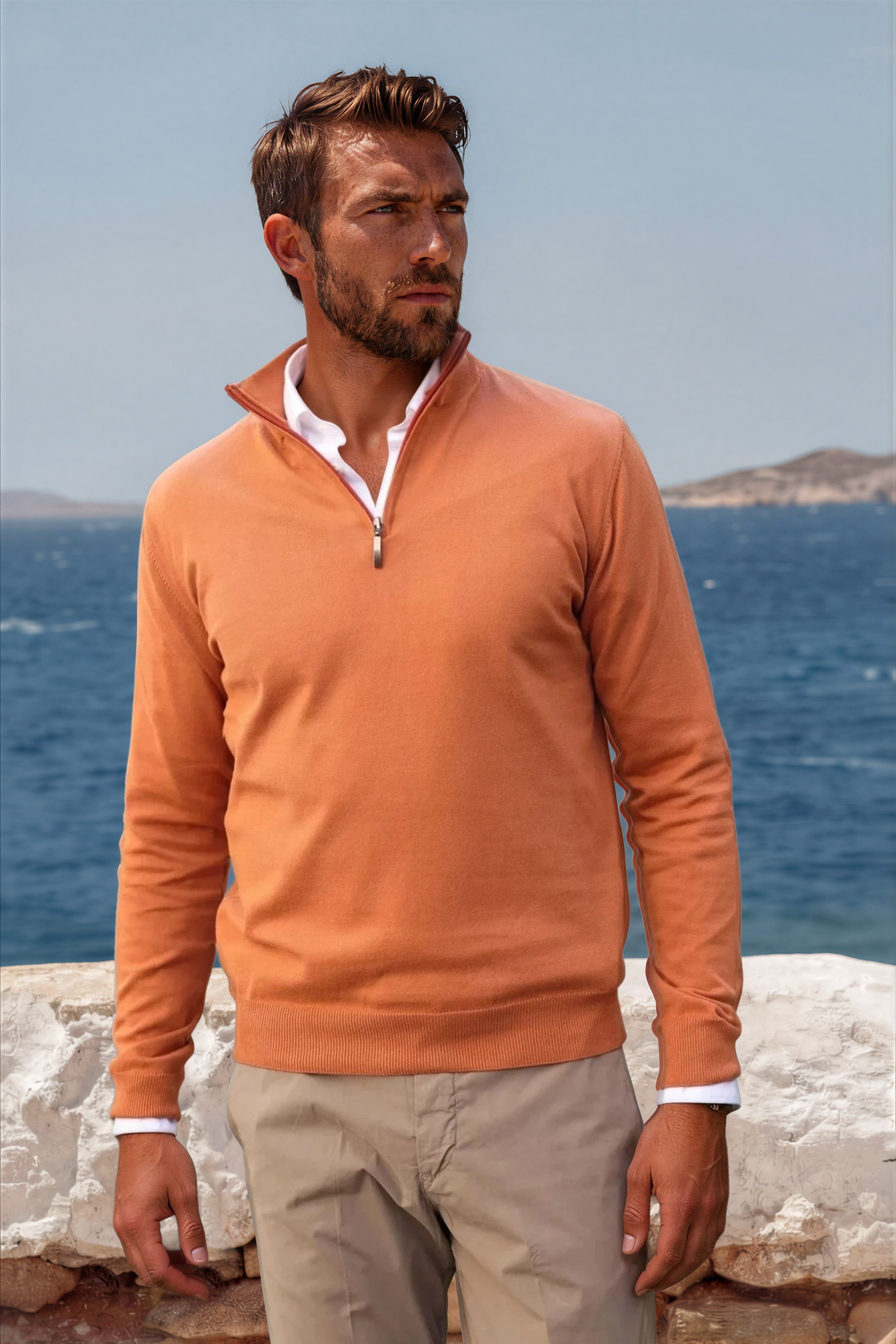 Pull John col zippé en coton - Orange-PULL HOMME-Curling-Paris
