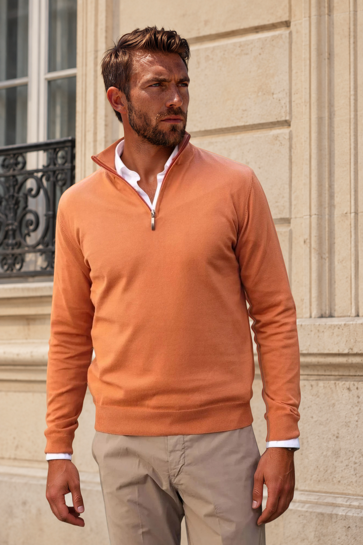 Pull John col zippé en coton - Orange-PULL HOMME-Curling-Paris