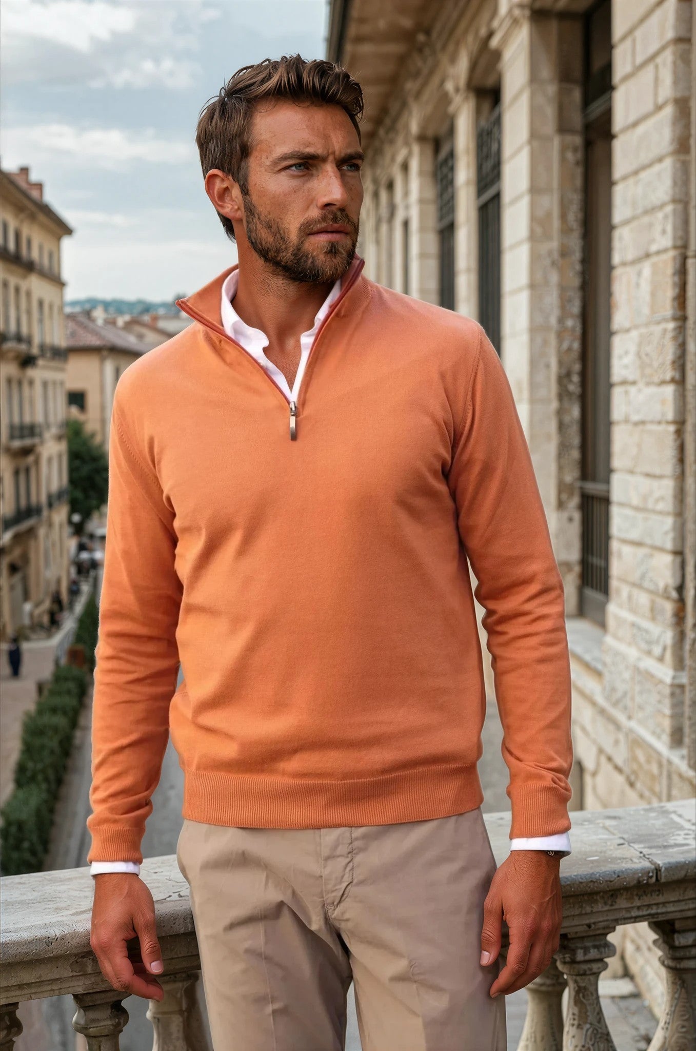 Pull John col zippé en coton - Orange-PULL HOMME-Curling-Paris