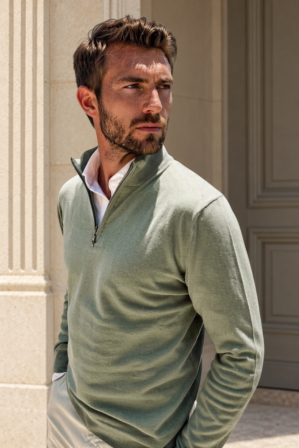 Pull John col zippé en coton - Sauge-PULL HOMME-Curling-Paris