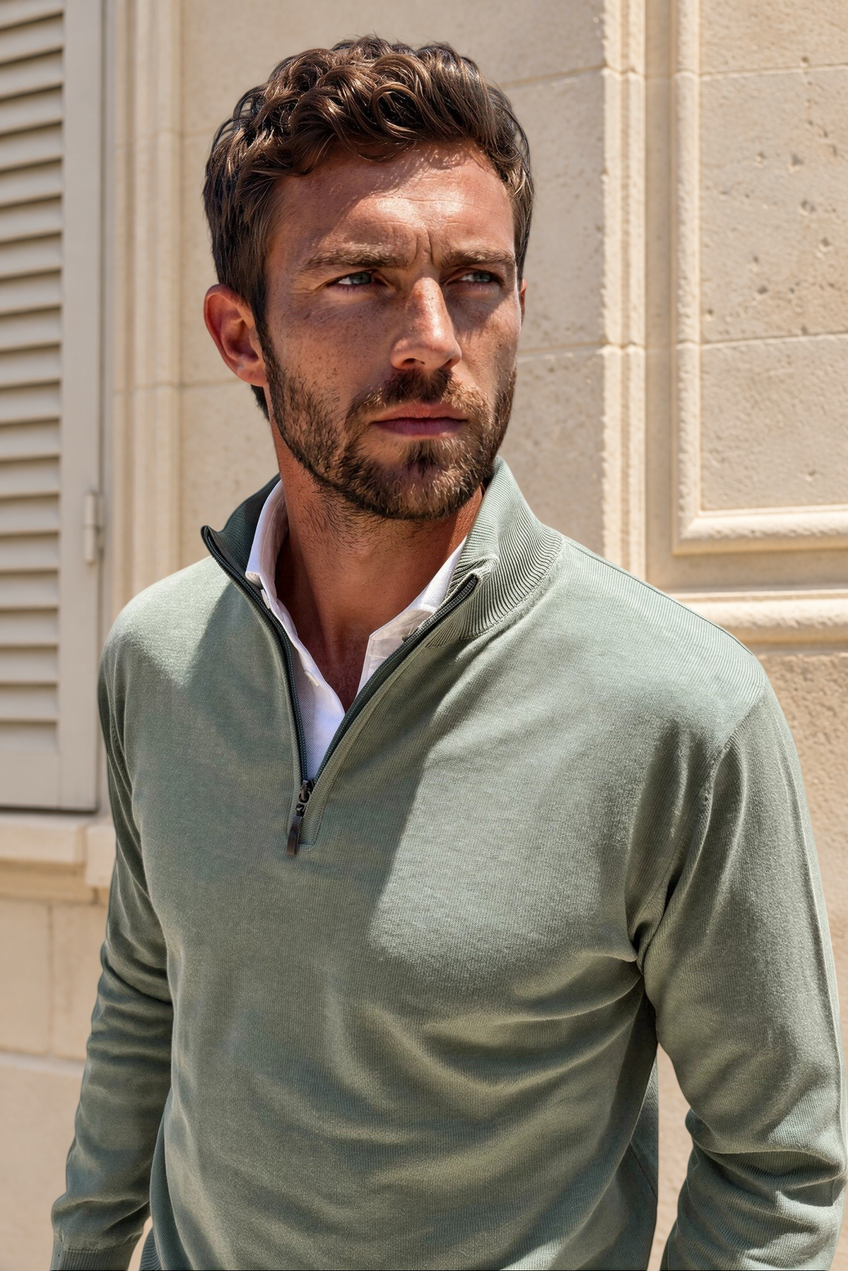 Pull John col zippé en coton - Sauge-PULL HOMME-Curling-Paris