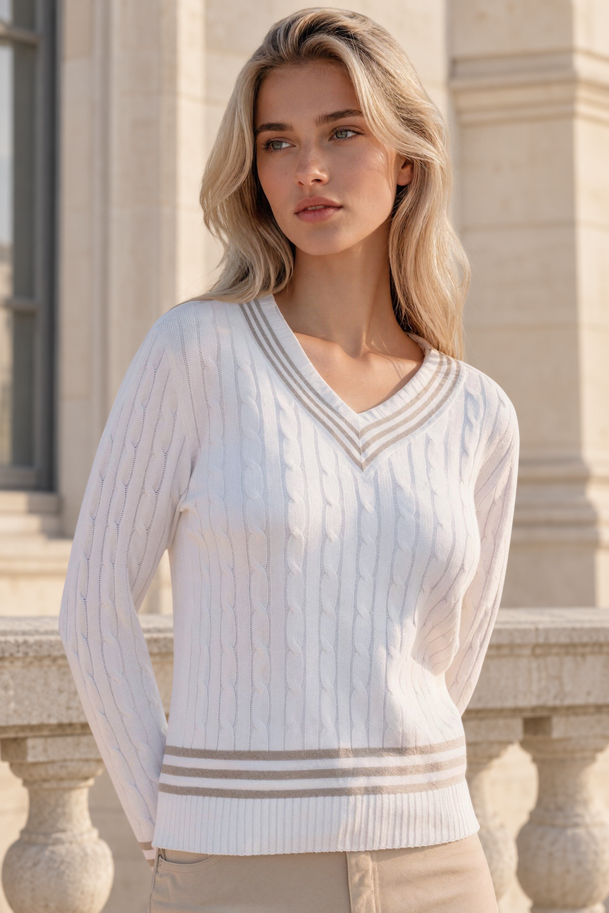 Pull Maeva Col V en laine et cachemire - Ecru-PULL FEMME-Curling-Paris