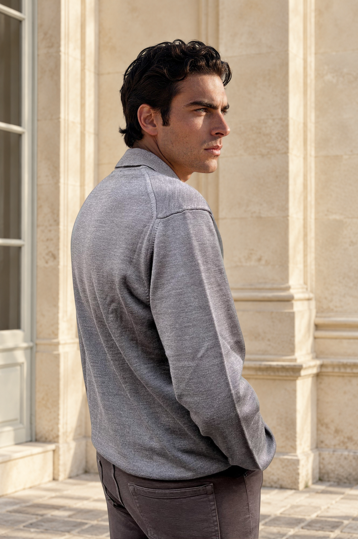 Pull Massimo col polo pure laine mérinos - Taupe-PULL HOMME-Curling-Paris