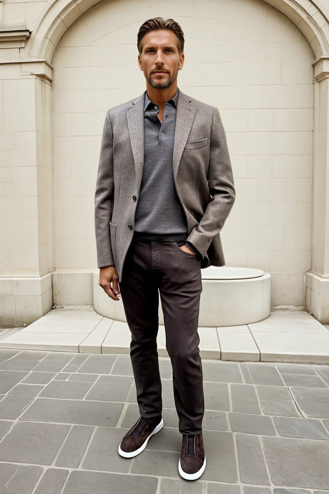 Pull Massimo col polo pure laine mérinos - Taupe-PULL HOMME-Curling-Paris