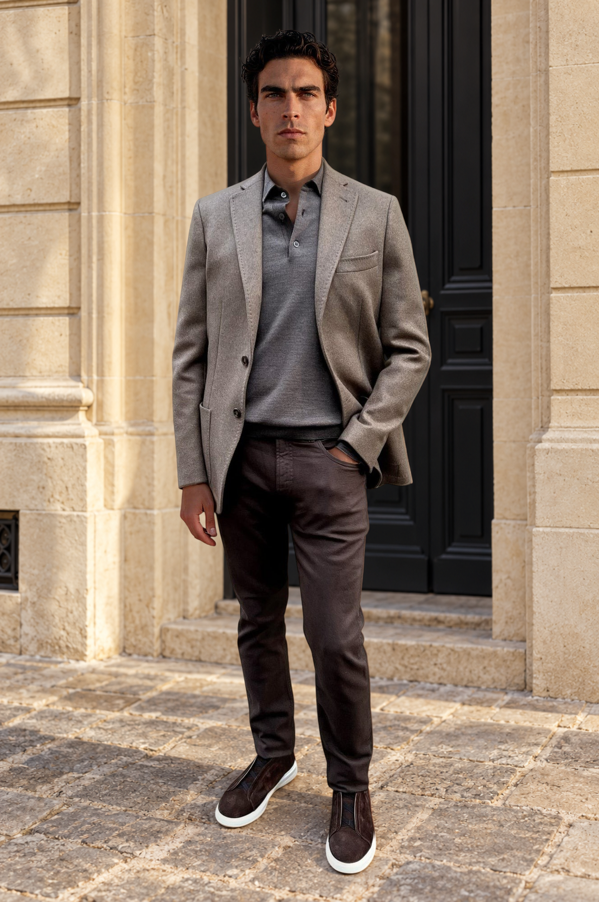 Pull Massimo col polo pure laine mérinos - Taupe-PULL HOMME-Curling-Paris