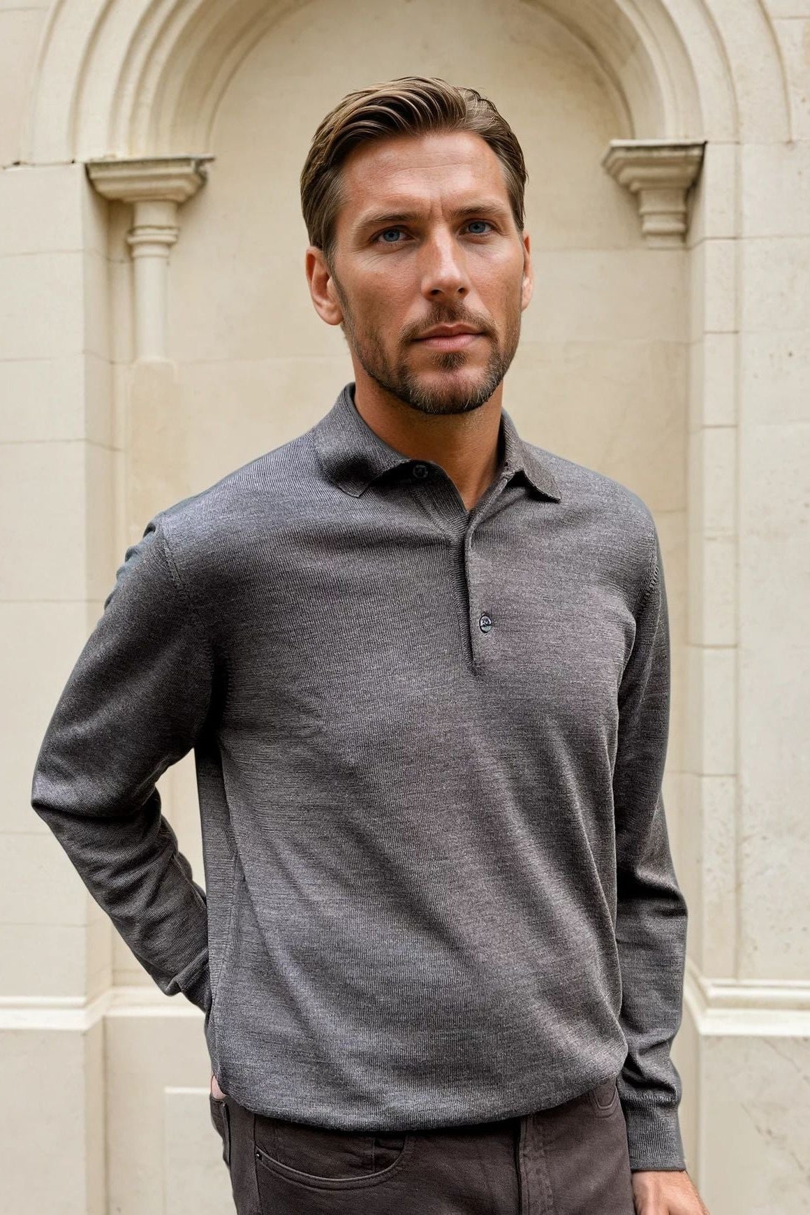 Pull Massimo col polo pure laine mérinos - Taupe-PULL HOMME-Curling-Paris