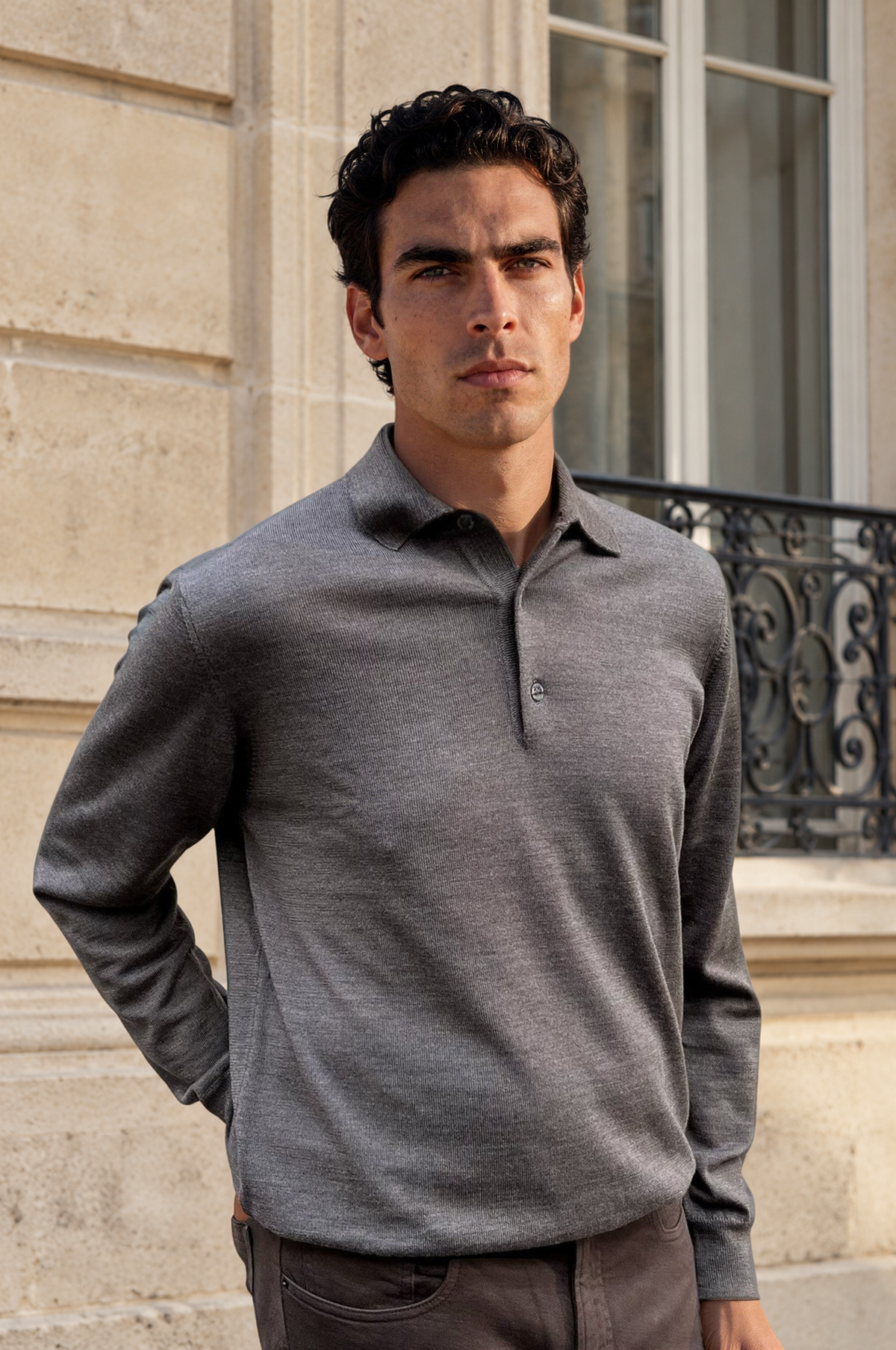 Pull Massimo col polo pure laine mérinos - Taupe-PULL HOMME-Curling-Paris