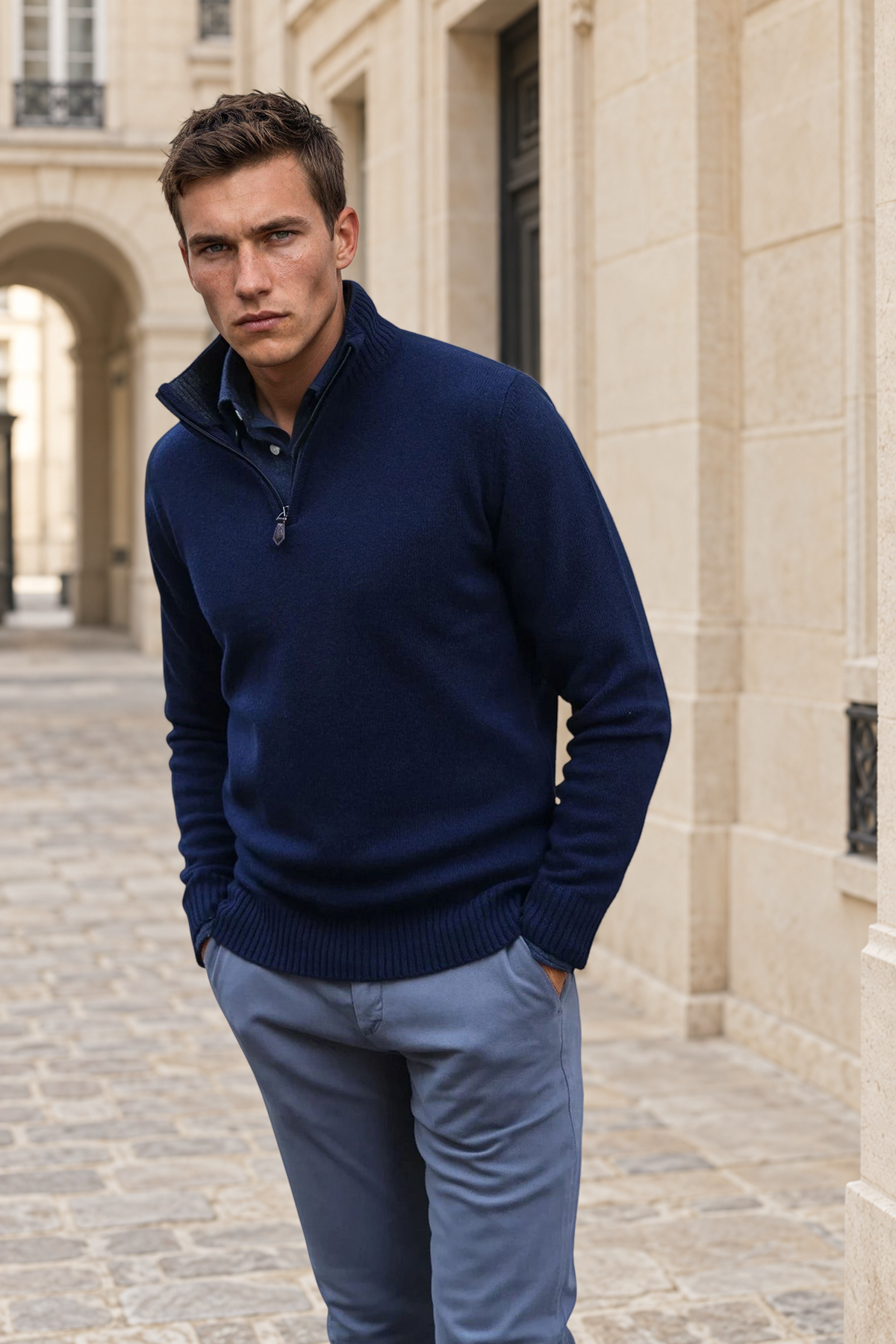 Pull Maxime col zippé en laine & cachemire – Marine-PULL HOMME-Curling-Paris