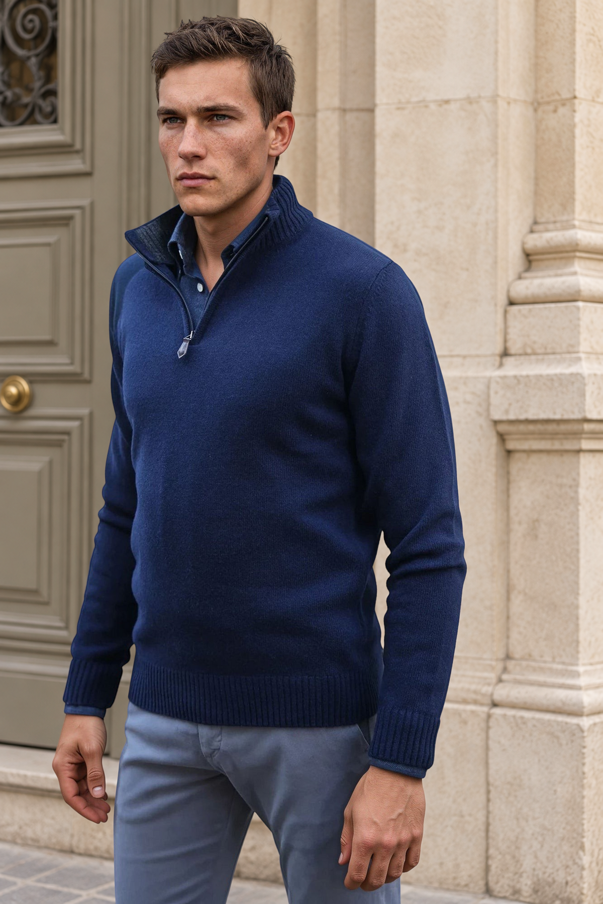 Pull Maxime col zippé en laine & cachemire – Marine-PULL HOMME-Curling-Paris