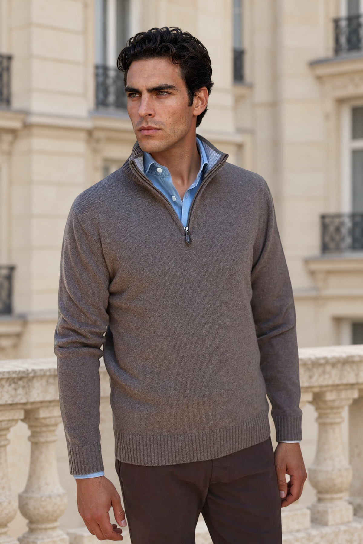 Pull Maxime col zippé en laine & cachemire – Taupe-PULL HOMME-Curling-Paris