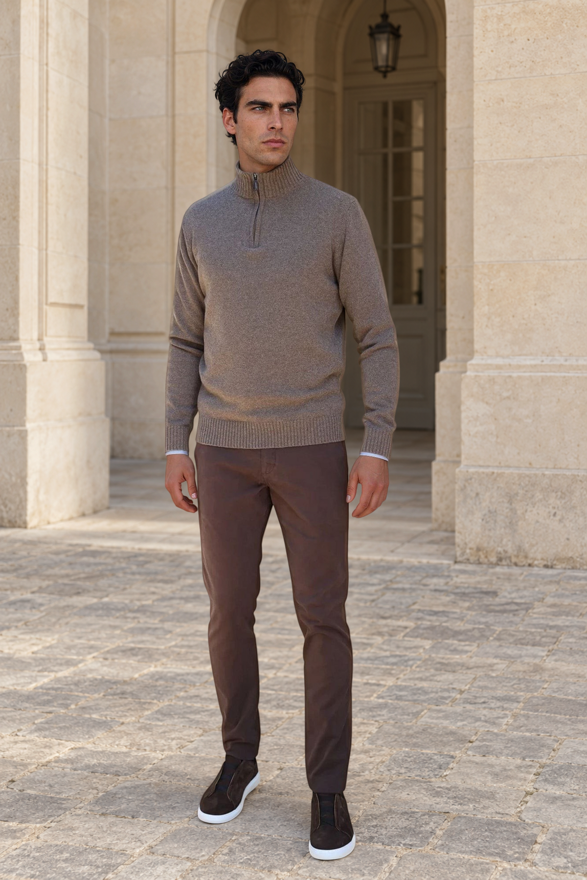 Pull Maxime col zippé en laine & cachemire – Taupe-PULL HOMME-Curling-Paris
