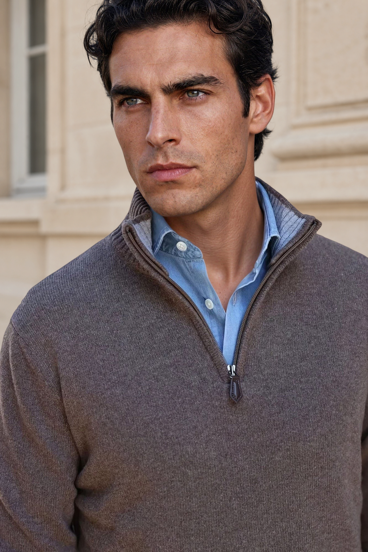 Pull Maxime col zippé en laine & cachemire – Taupe-PULL HOMME-Curling-Paris