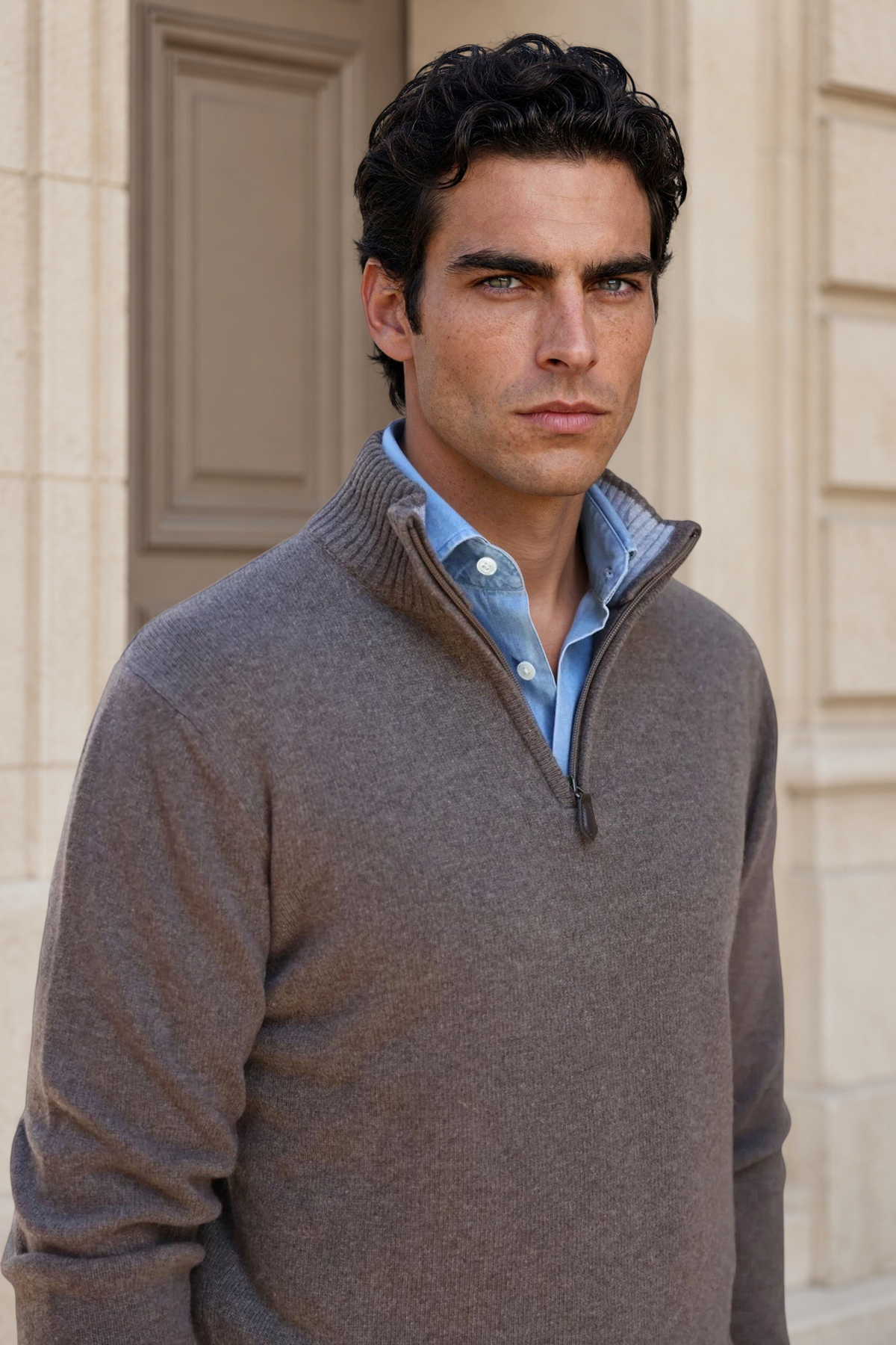 Homme portant un pull Curling Maxime taupe en laine et cachemire avec col zippé et curseur en cuir sur chemise bleue