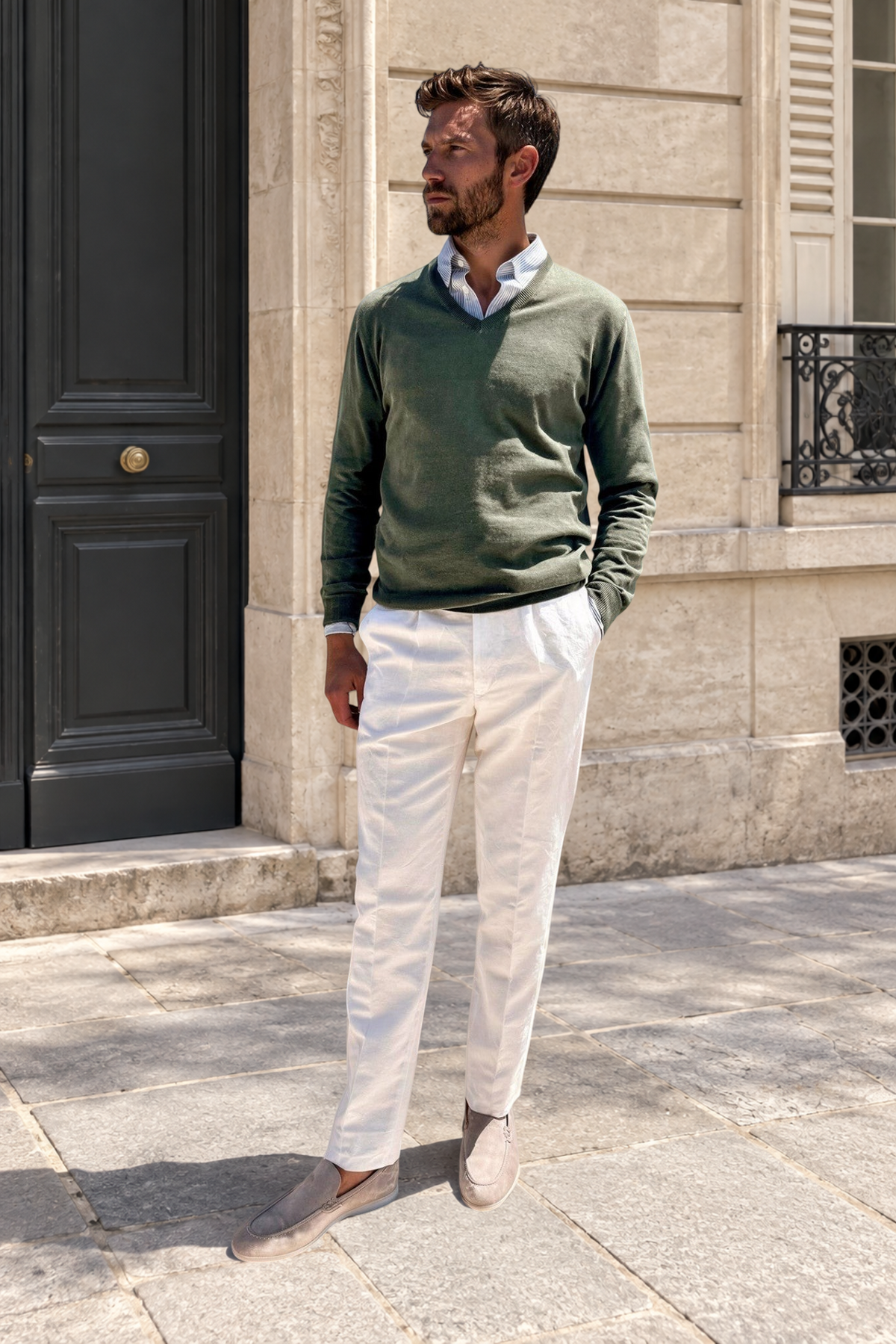 Pull Nico col v en coton - Kaki-PULL HOMME-Curling-Paris
