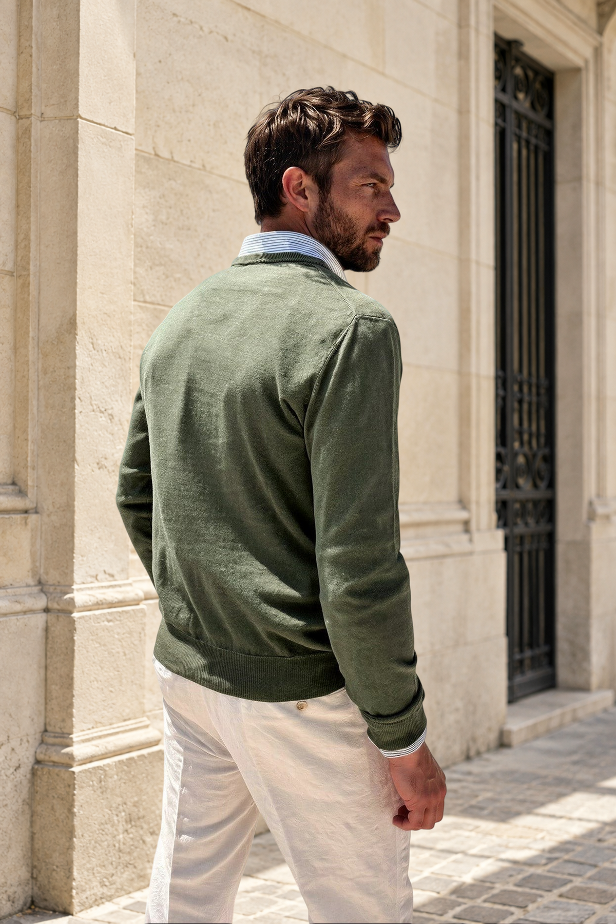 Pull Nico col v en coton - Kaki-PULL HOMME-Curling-Paris