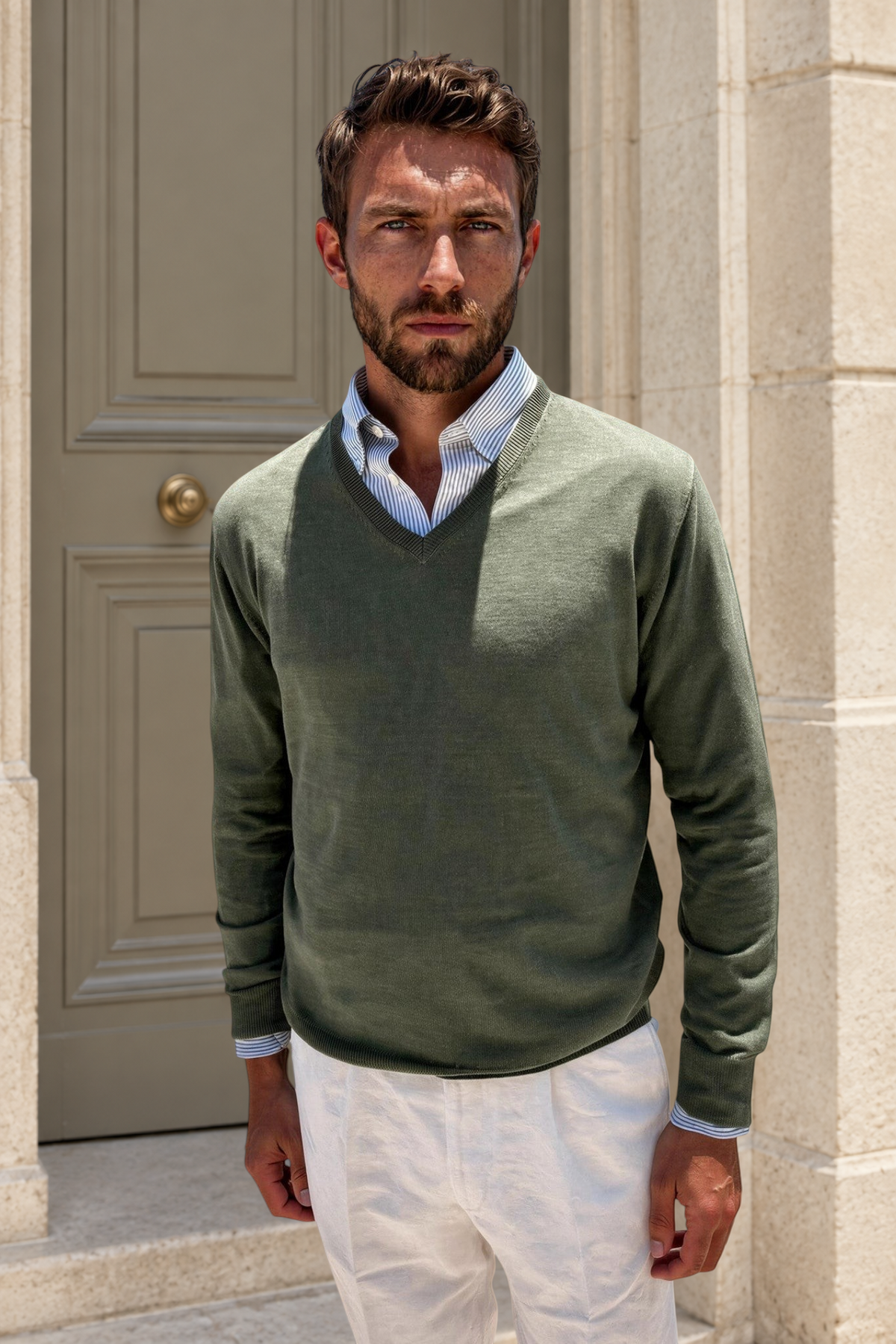 Pull Nico col v en coton - Kaki-PULL HOMME-Curling-Paris