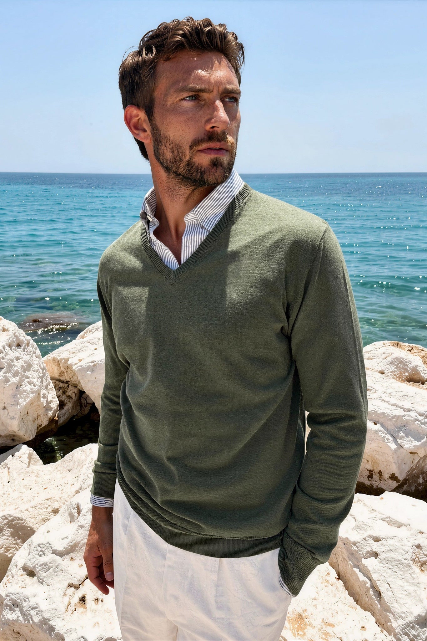 Pull Nico col v en coton - Kaki-PULL HOMME-Curling-Paris
