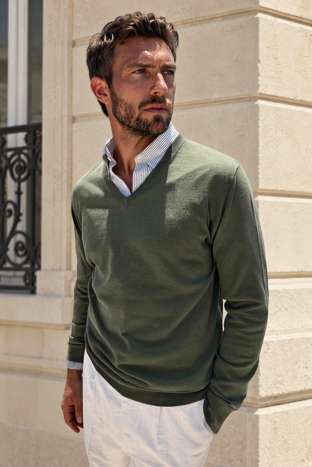 Pull Nico col v en coton - Kaki-PULL HOMME-Curling-Paris