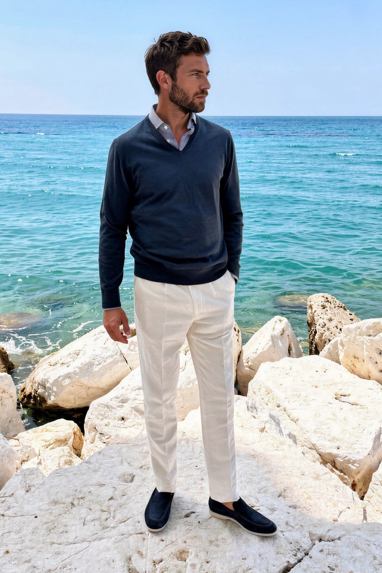 Pull Nico col v en coton - Marine-PULL HOMME-Curling-Paris