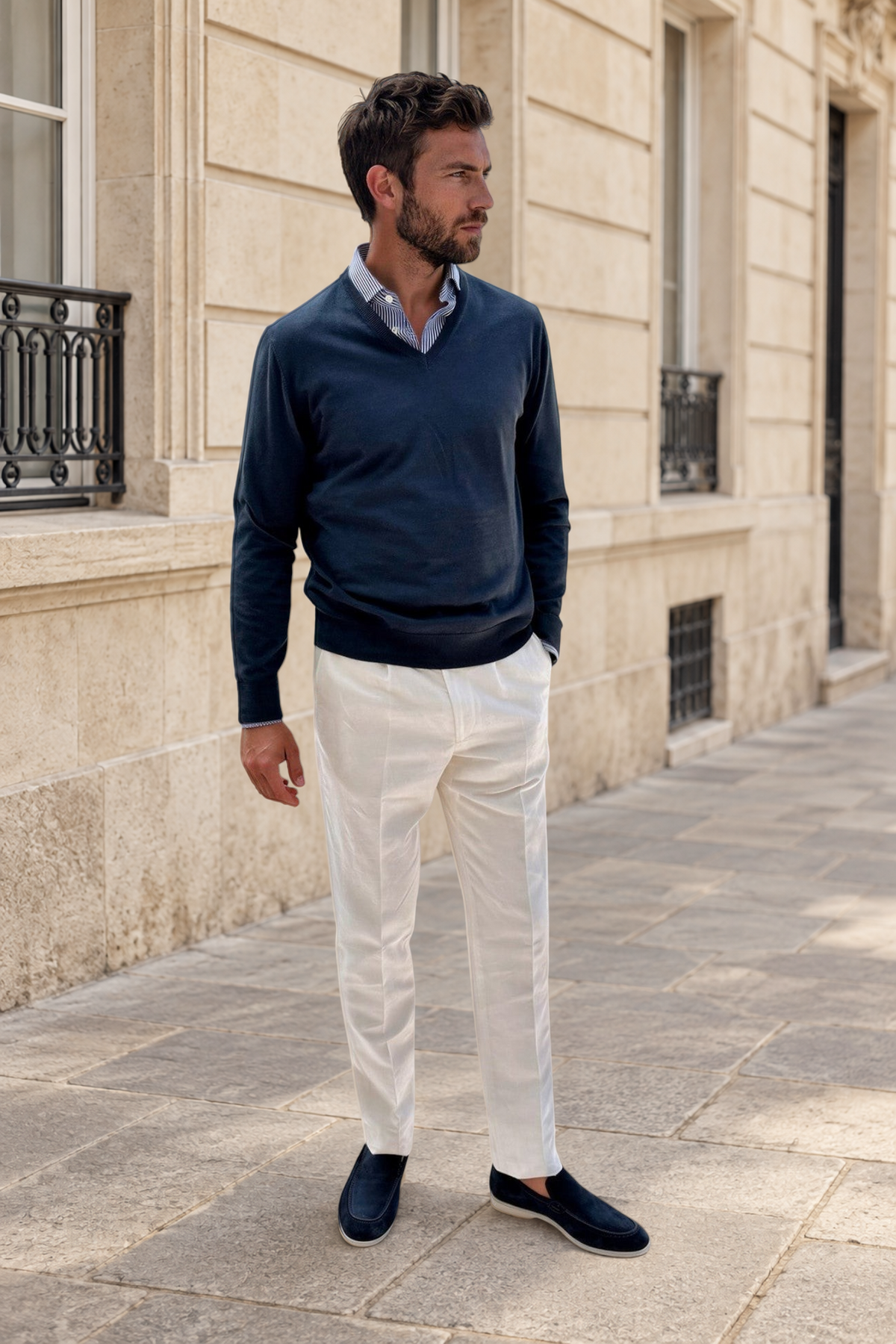 Pull Nico col v en coton - Marine-PULL HOMME-Curling-Paris