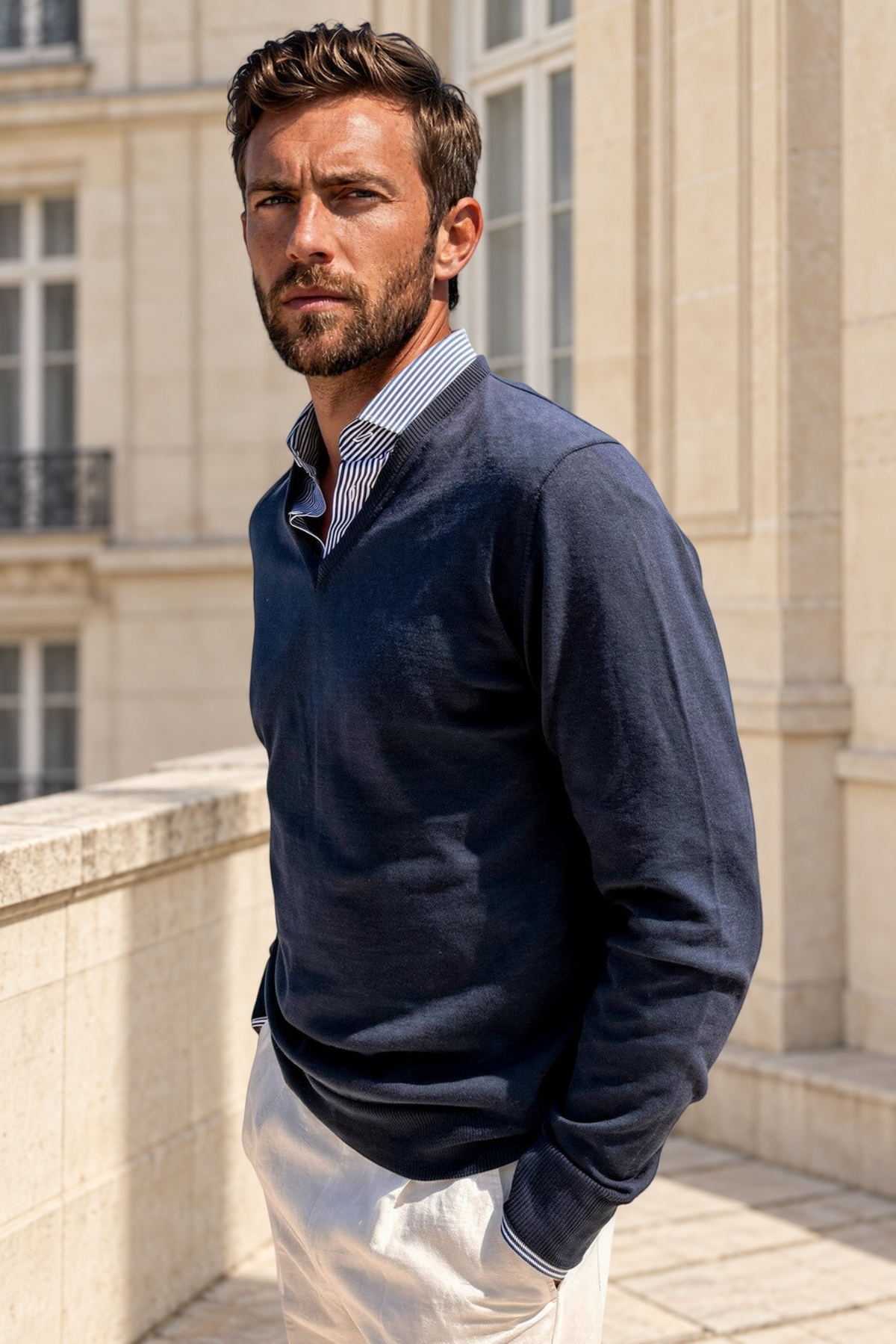 Pull Nico col v en coton - Marine-PULL HOMME-Curling-Paris