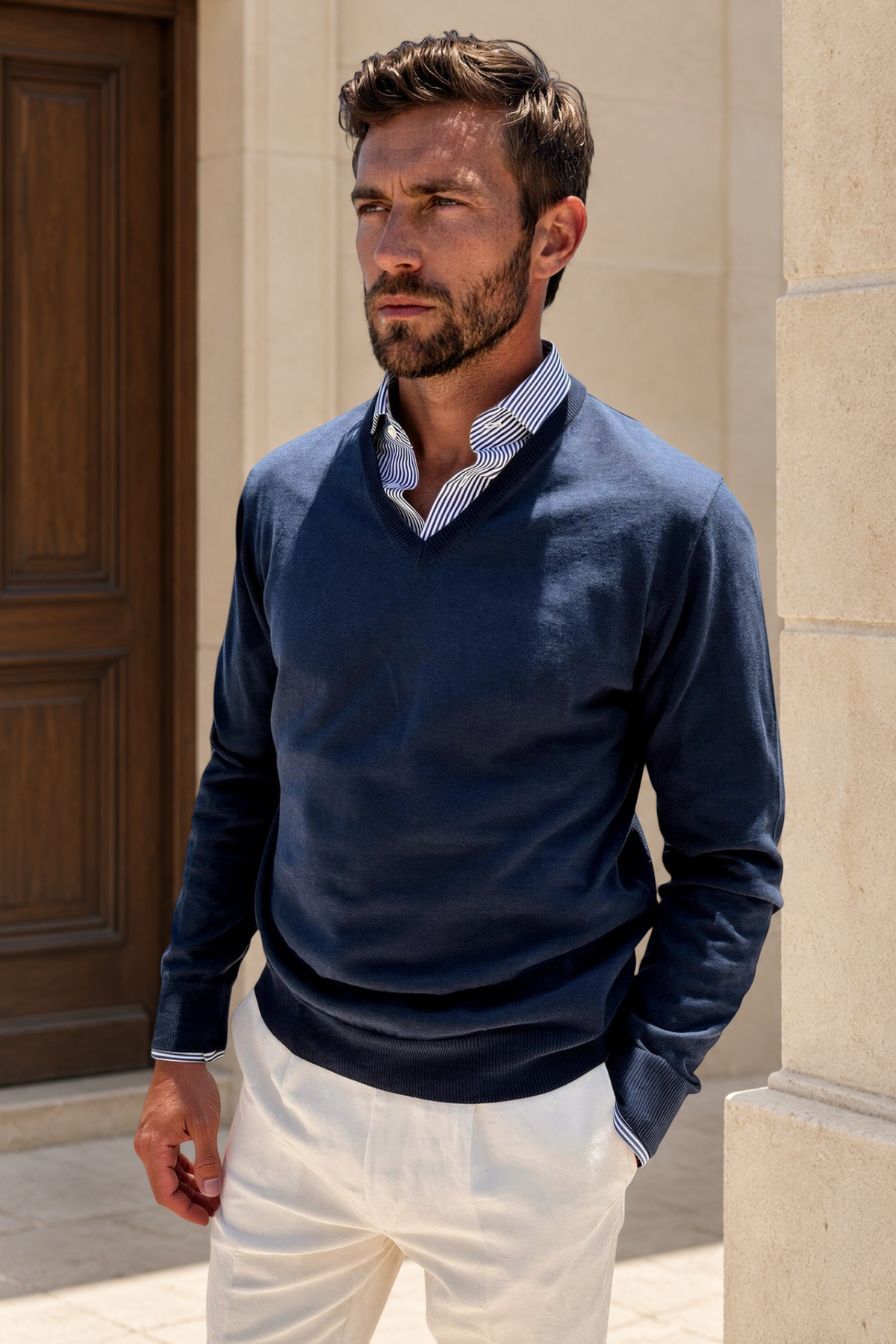 Pull Nico col v en coton - Marine-PULL HOMME-Curling-Paris