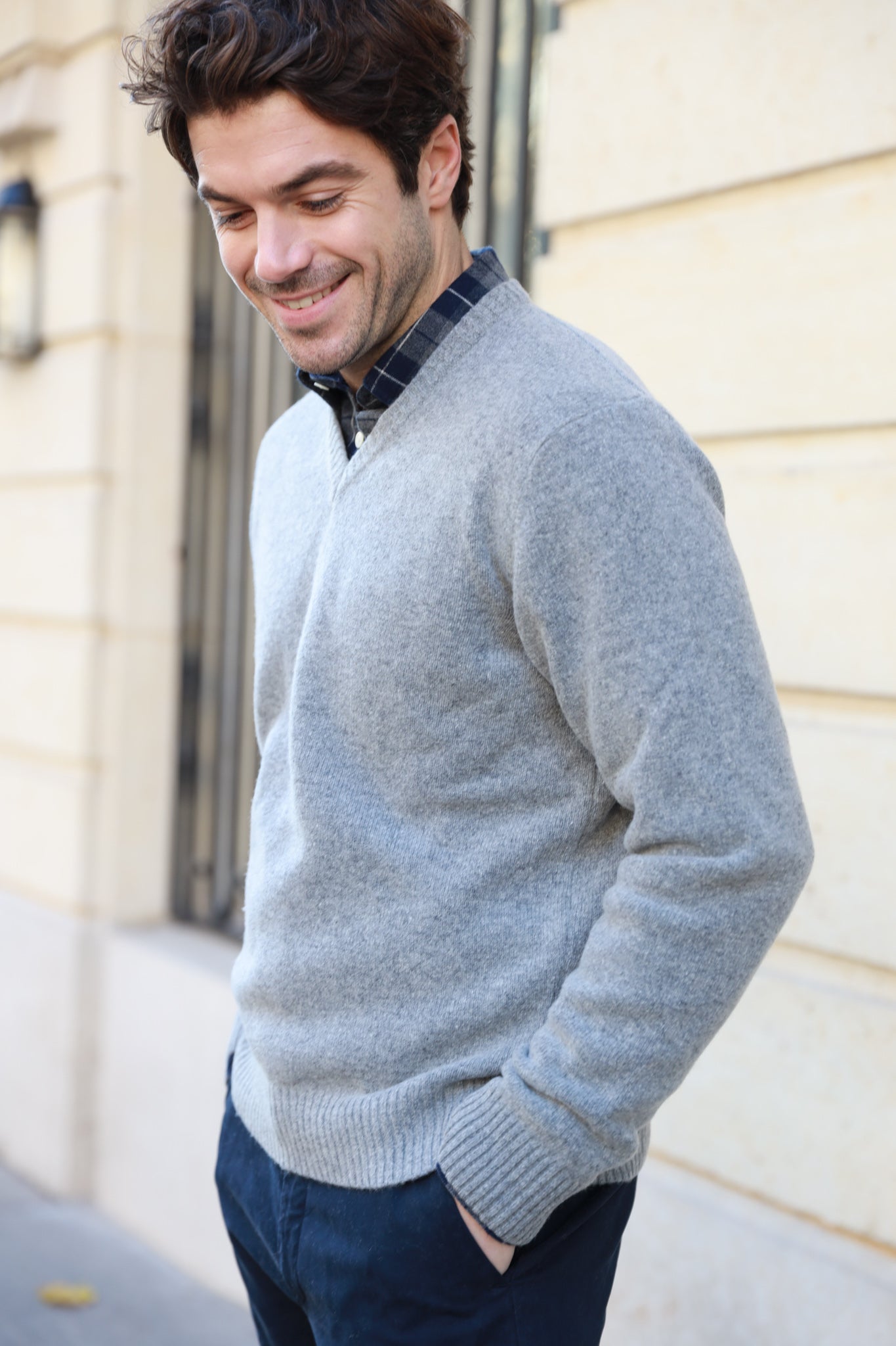 Pull Robin col v en lambswool - Gris-PULL HOMME-Curling-Paris