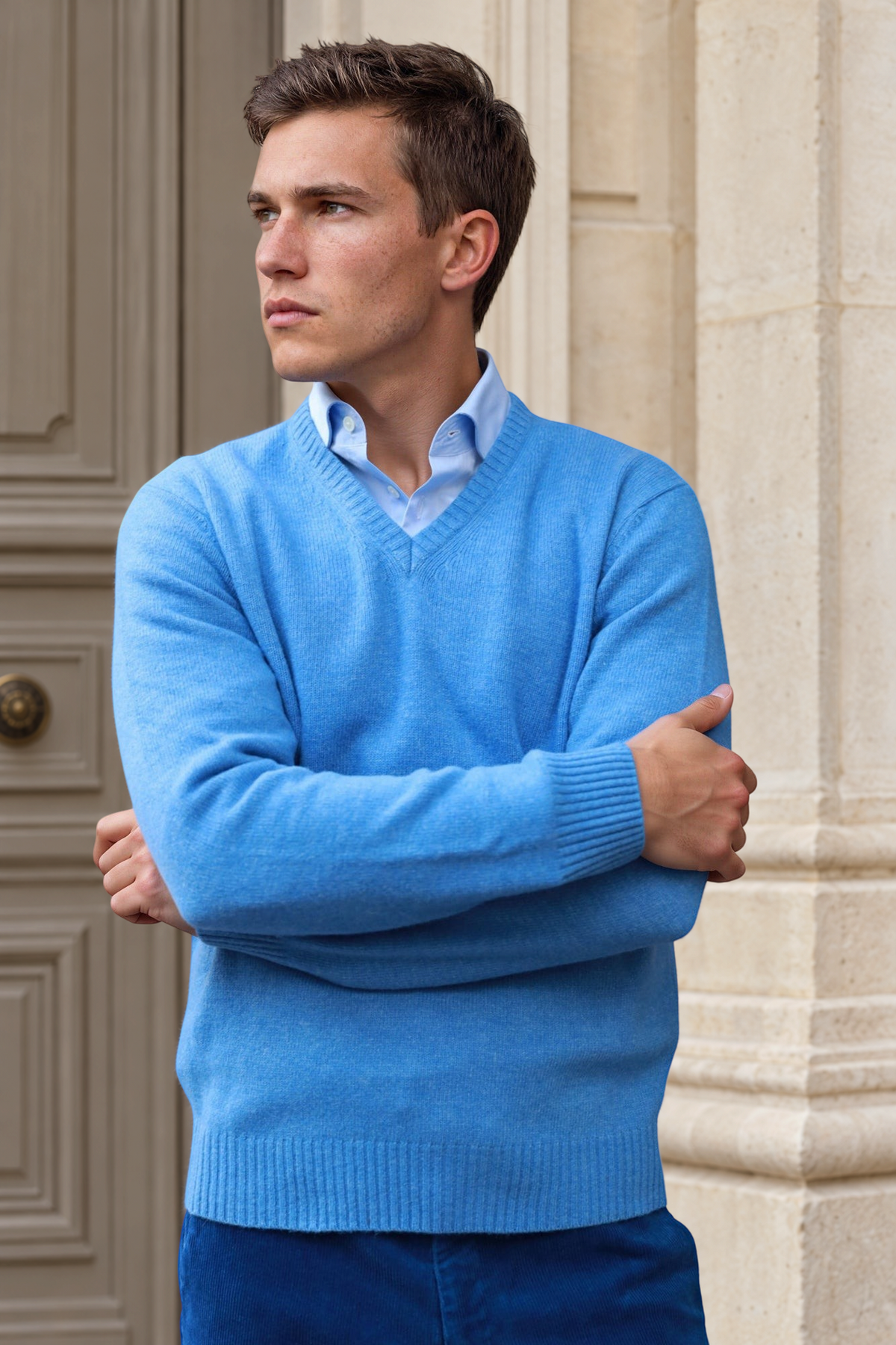 Pull Robin en lambswool col V - Ciel-PULL HOMME-Curling-Paris