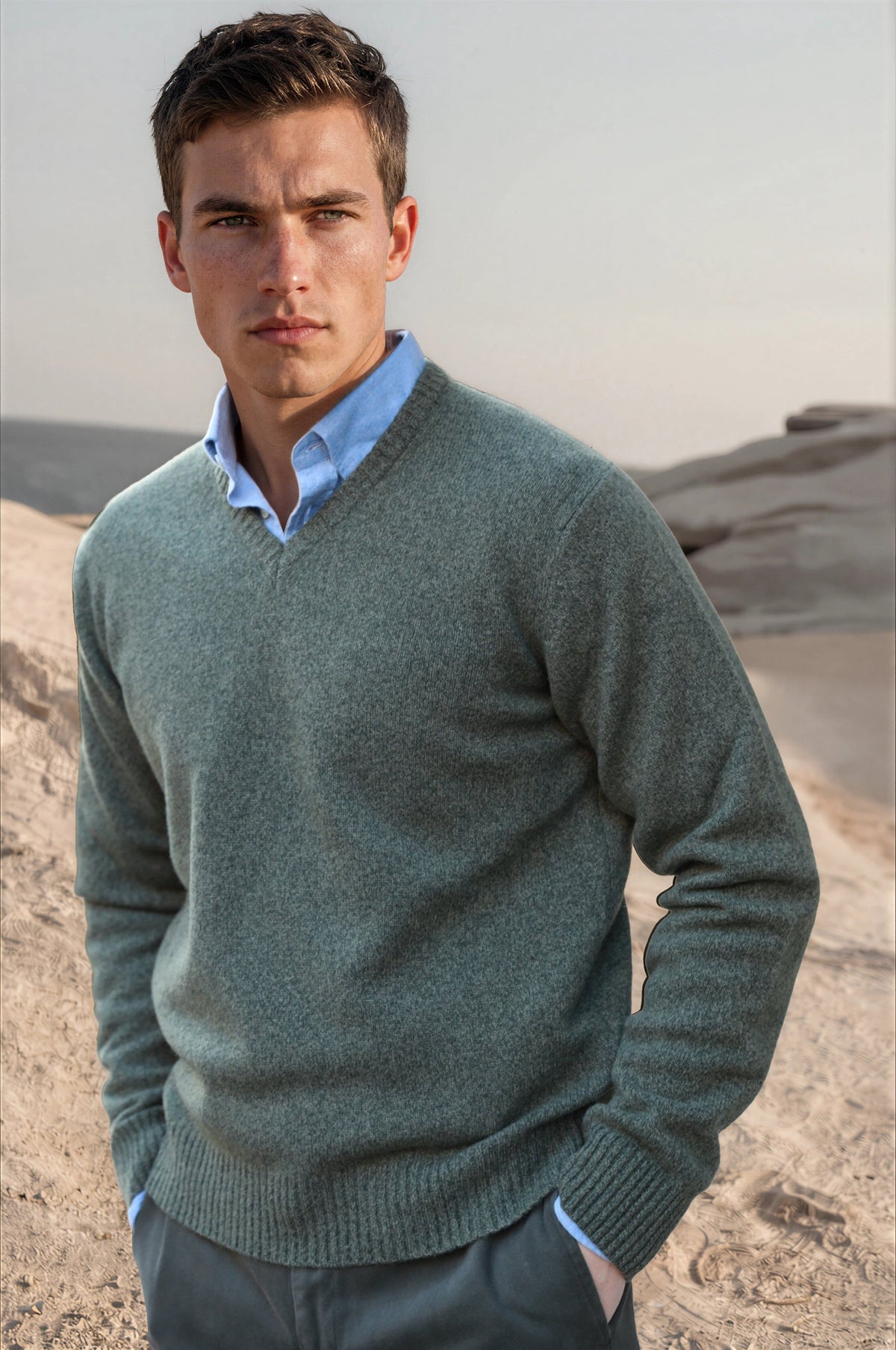 Pull Robin en lambswool col V - Kaki-PULL HOMME-Curling-Paris