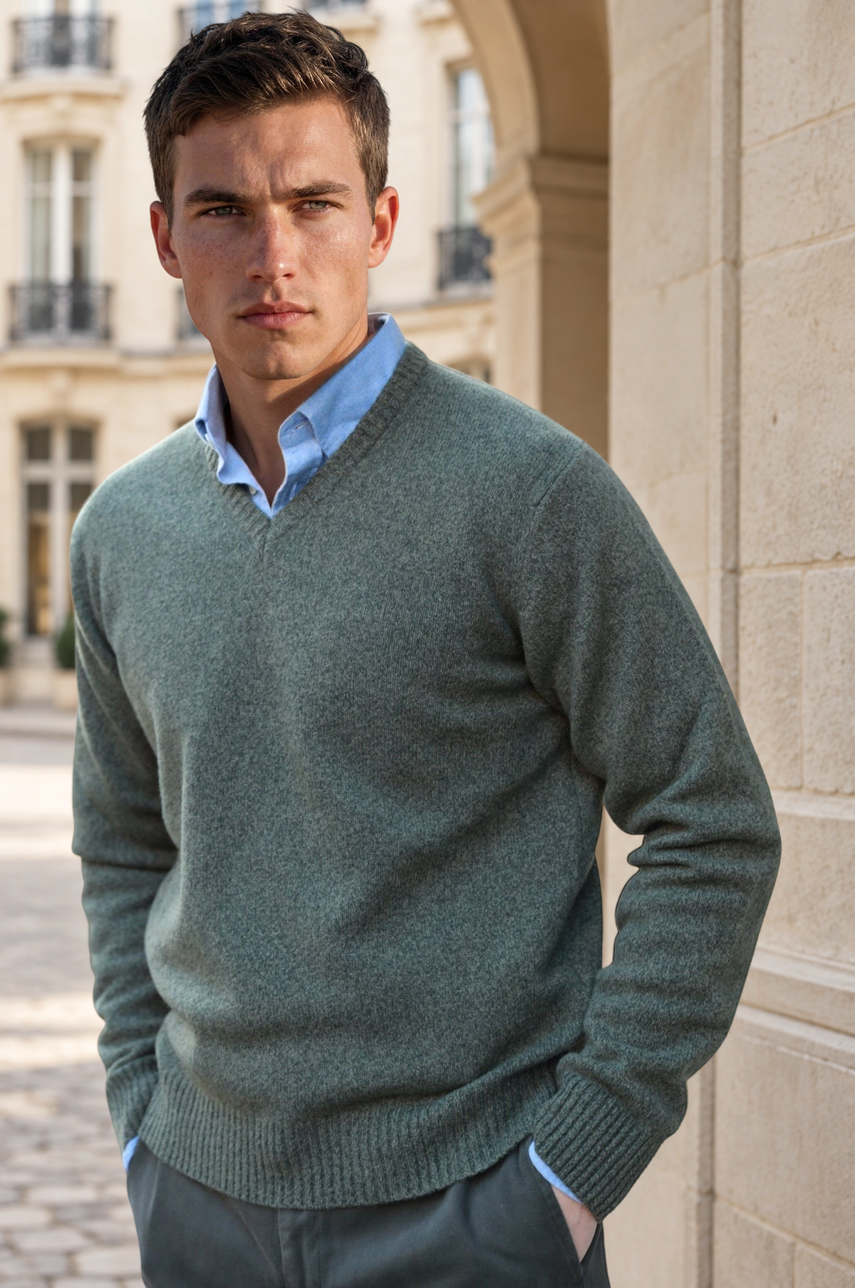 Pull Robin en lambswool col V - Kaki-PULL HOMME-Curling-Paris